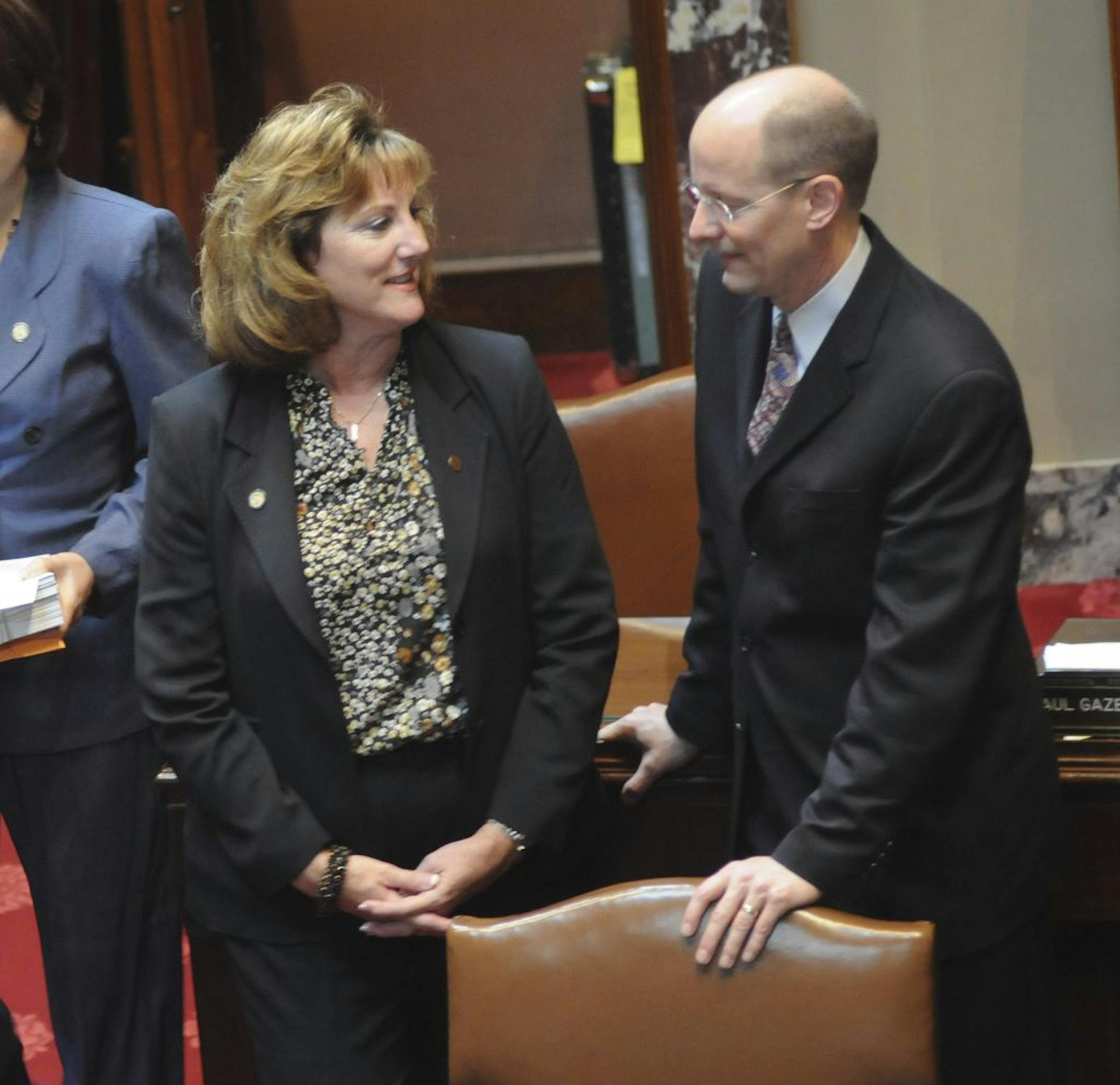 -- Late Wednesday night, a tweet from a Republican Senator and a repeat from a staffer gave rise to a complaint of an ethics violation. "Sen Goodwin just called people with mental illness- idiots and imbeciles- while debating HHS bill," was the tweet that Sen. Gretchen Hoffman, R-Vergas, sent about Sen. Barb Goodwin, DFL-Columbia Heights. Sen. Gretchen Hoffman talked with Sen Paul Gazelka R- Brainerd on the Senate floor before the session.