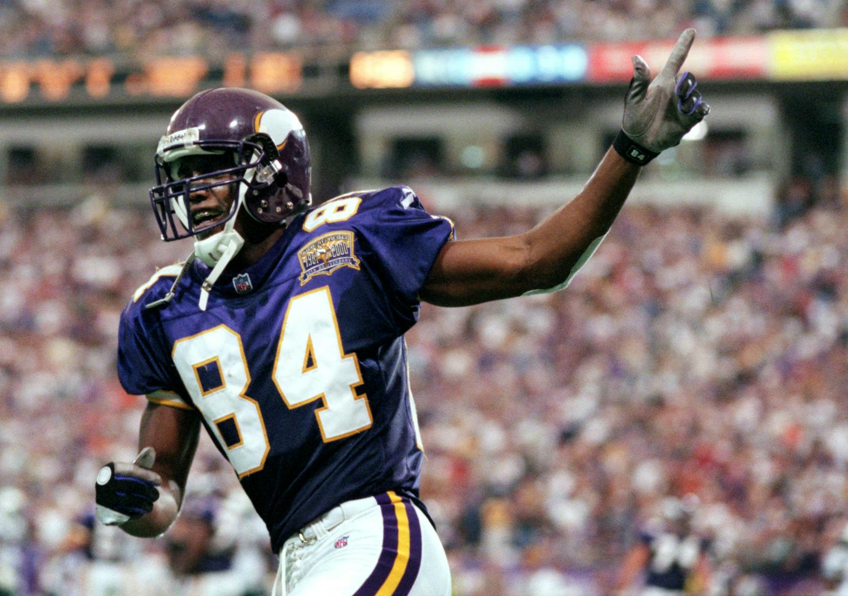 Randy Moss reacts after scoring the Vikings only touchdown on Sunday, Sept. 10, 2000, against Miami.