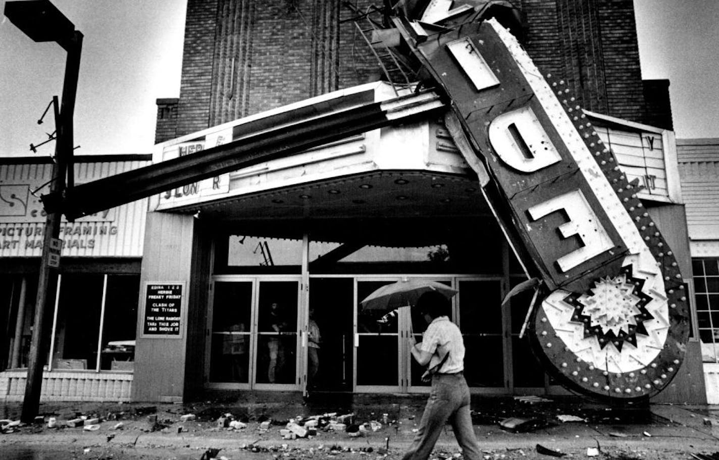 On June 14, 1981, a tornado toppled the Art Deco sign on the Edina Theater. The 47-year-old landmark proved to be damaged beyond repair. The following October, a new sign, identical to the old one, was placed atop the theater. The company worked from original blueprints to duplicate the 29-foot, 3,000-pound sign.