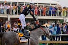 Jaime Torres, atop Seize the Grey, reacts after crossing the finish line to win the Preakness Stakes at Pimlico Race Course on Saturday in Baltimore.