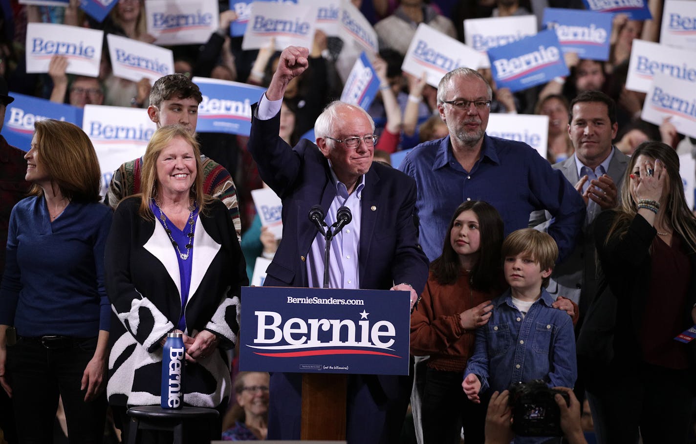 Democratic presidential candidate Sen. Bernie Sanders (I-Vt.) addresses supporters at his Super Tuesday campaign event in Essex Junction, Vt., on Tuesday, March 3, 2020. (Alex Wong/Getty Images/TNS) ORG XMIT: 1592099