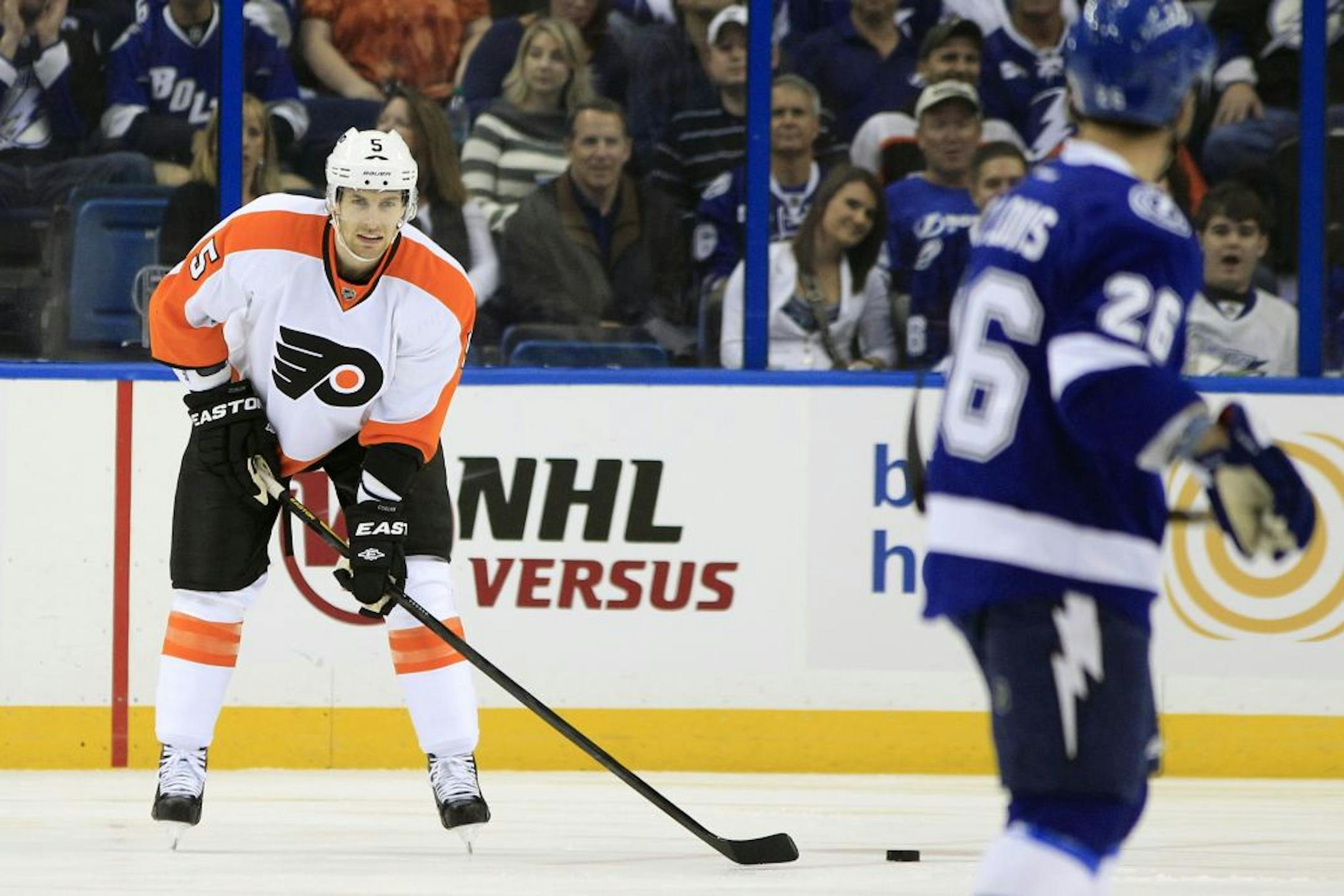 Philadelphia Flyers defenseman Braydon Coburn (5) stops on the ice waiting for the Tampa Bay Lightning to attack during the first period of an NHL hockey game on Wednesday, Nov. 9, 2011, in Tampa, Fla. The Flyers circled in their own end several times during the game attempting to get the Lightning to attack and open the ice.