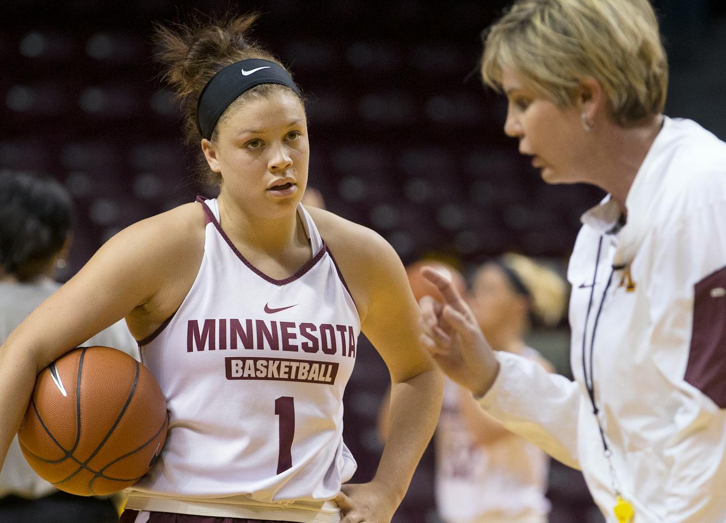 Fifth-year senior guard Rachel Banham listened to Gophers women's basketball coach Marlene Stollings at a recent practice.