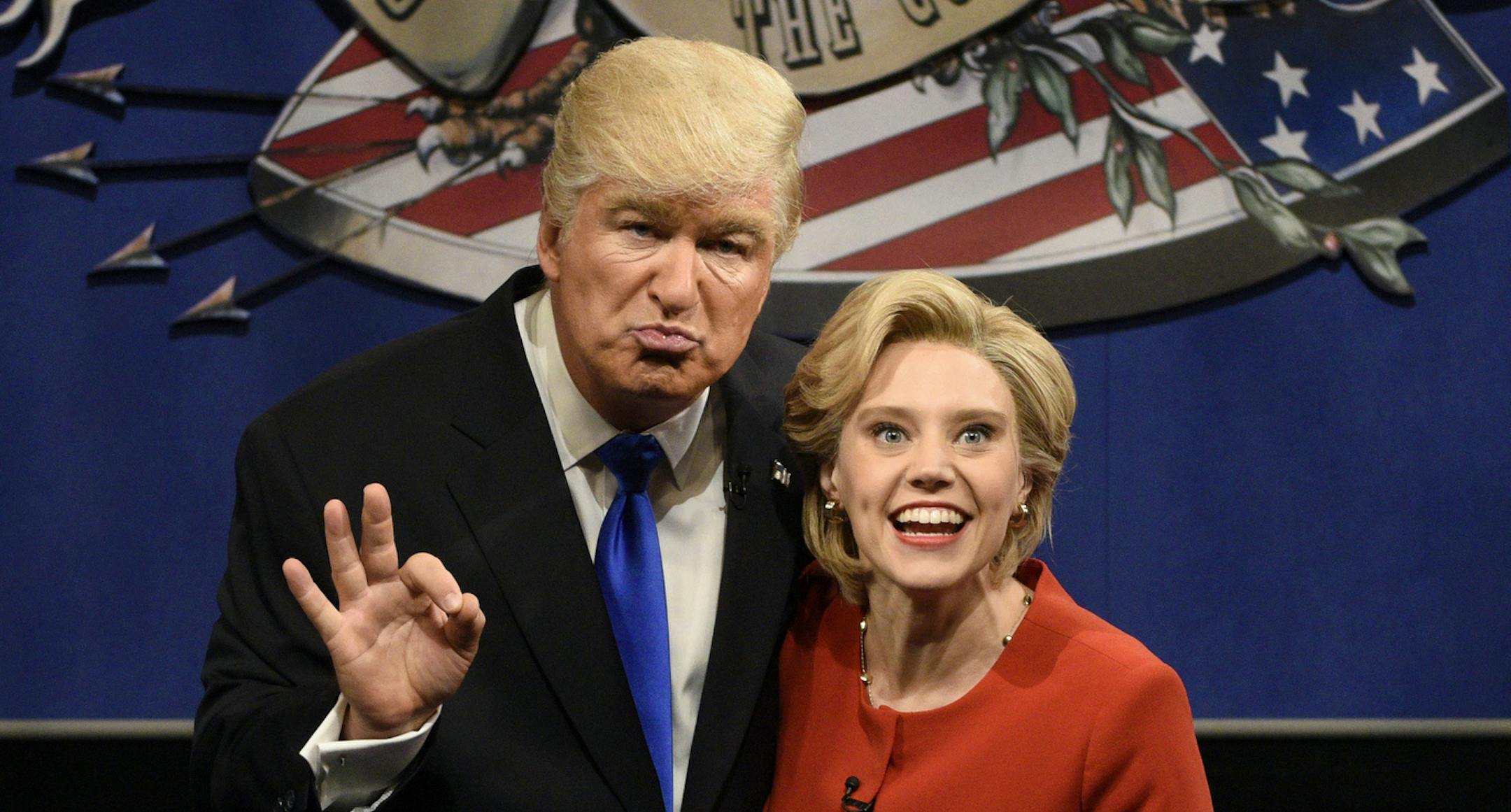 FILE - In a Saturday, Oct. 1, 2016 file photo provided by NBC, Alec Baldwin, left, as Republican presidential candidate, Donald Trump, and Kate McKinnon, as Democratic presidential candidate, Hillary Clinton, perform on the 42nd season of "Saturday Night Live," in New York. Republican presidential candidate Donald Trump tweeted early Sunday morning, Oct. 16, 2016, that the show&#xed;s skit depicting him this week was a &#xec;hit job.&#xee; Trump went on to write that it&#xed;s &#xec;time to reti