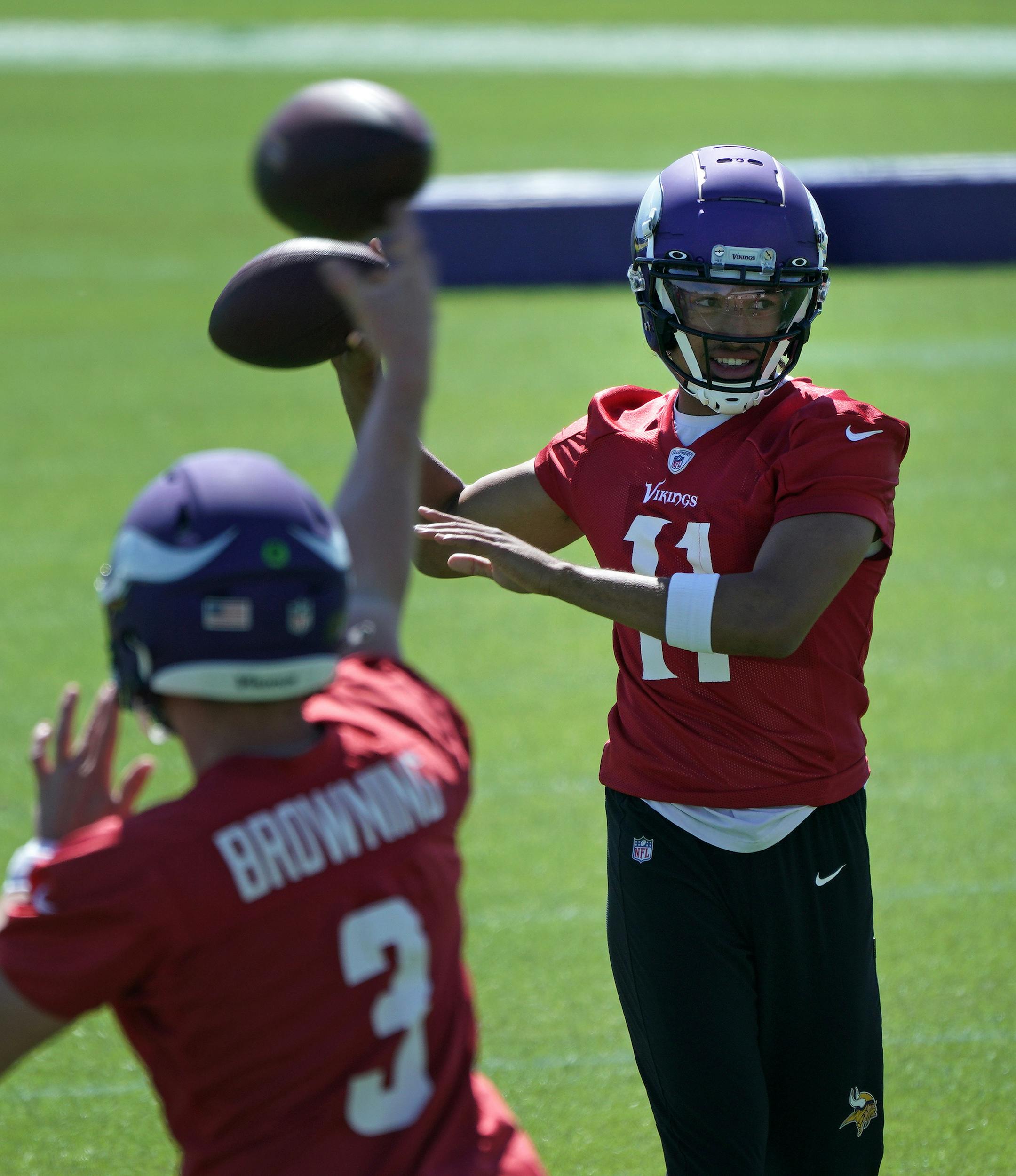 Vikings began OTA's at TCO Performance Center. Quarterbacks Kellen Mond (right) and Jake Browning.