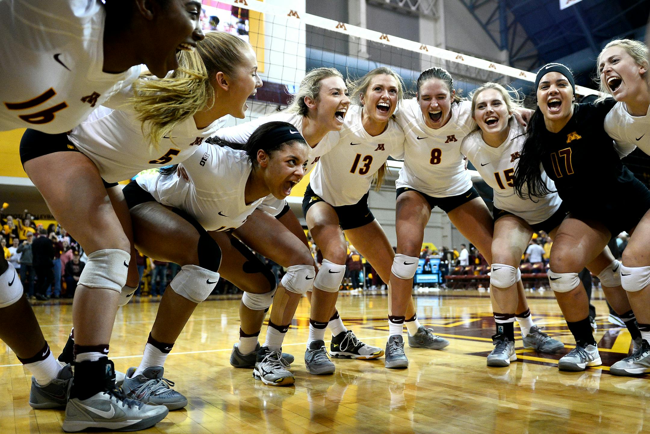 The University of Minnesota Golden Gophers celebrated their 3-2 victory over Nebraska Wednesday night. ] (AARON LAVINSKY/STAR TRIBUNE) aaron.lavinsky@startribune.com The University of Minnesota volleyball team played Nebraska on Wednesday, Nov. 23, 2016 at the University of Minnesota Sports Pavilion.