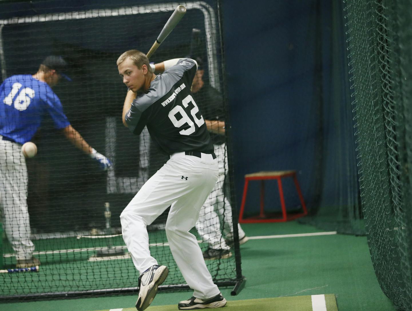 Drew Sannes of Brained a member of the Blizzard Elite baseball team worked out in the hitting cages at Minnesota Baseball Academy Wednesday July 3, 2013 in Vadnais Hieghts . ] JERRY HOLT &#x201a;&#xc4;&#xa2; jerry.holt@startribune.com