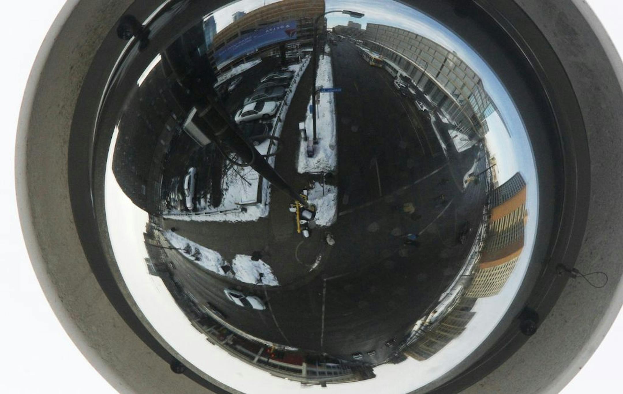 Security cameras capture street scenes, such as this bird's-eye view of 4th St. and Hennepin Av. S. in downtown Minneapolis.