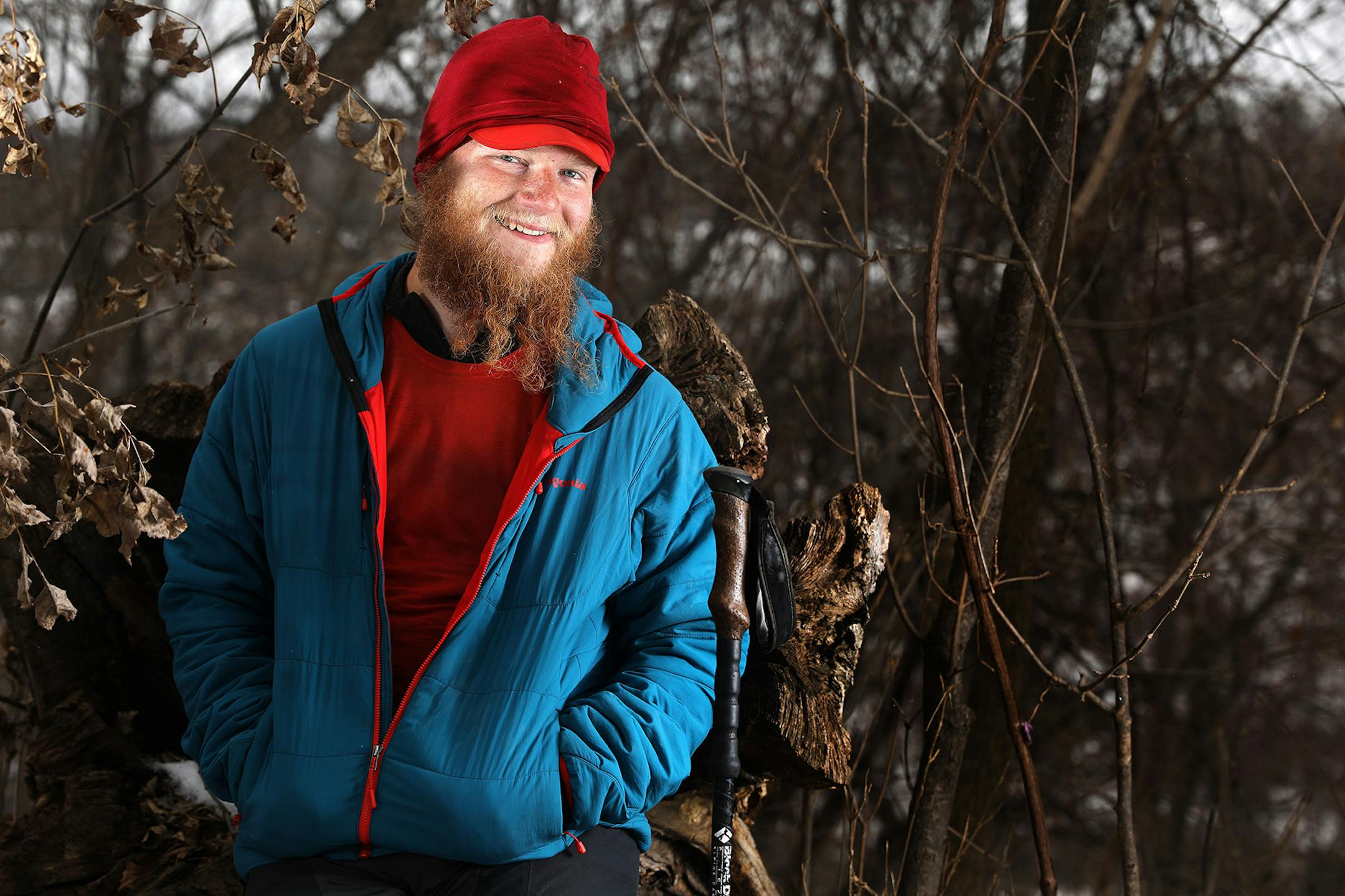Hiker James Lunning stands for a portrait Thursday. ] ANTHONY SOUFFLE ¥ anthony.souffle@startribune.com Hiker James Lunning, who recently completed most of the Pacific Crest Trail while on an indefinite trek across the United States, met us Thursday, Dec. 29, 2016 for a portrait at Minnehaha Falls in Minneapolis.