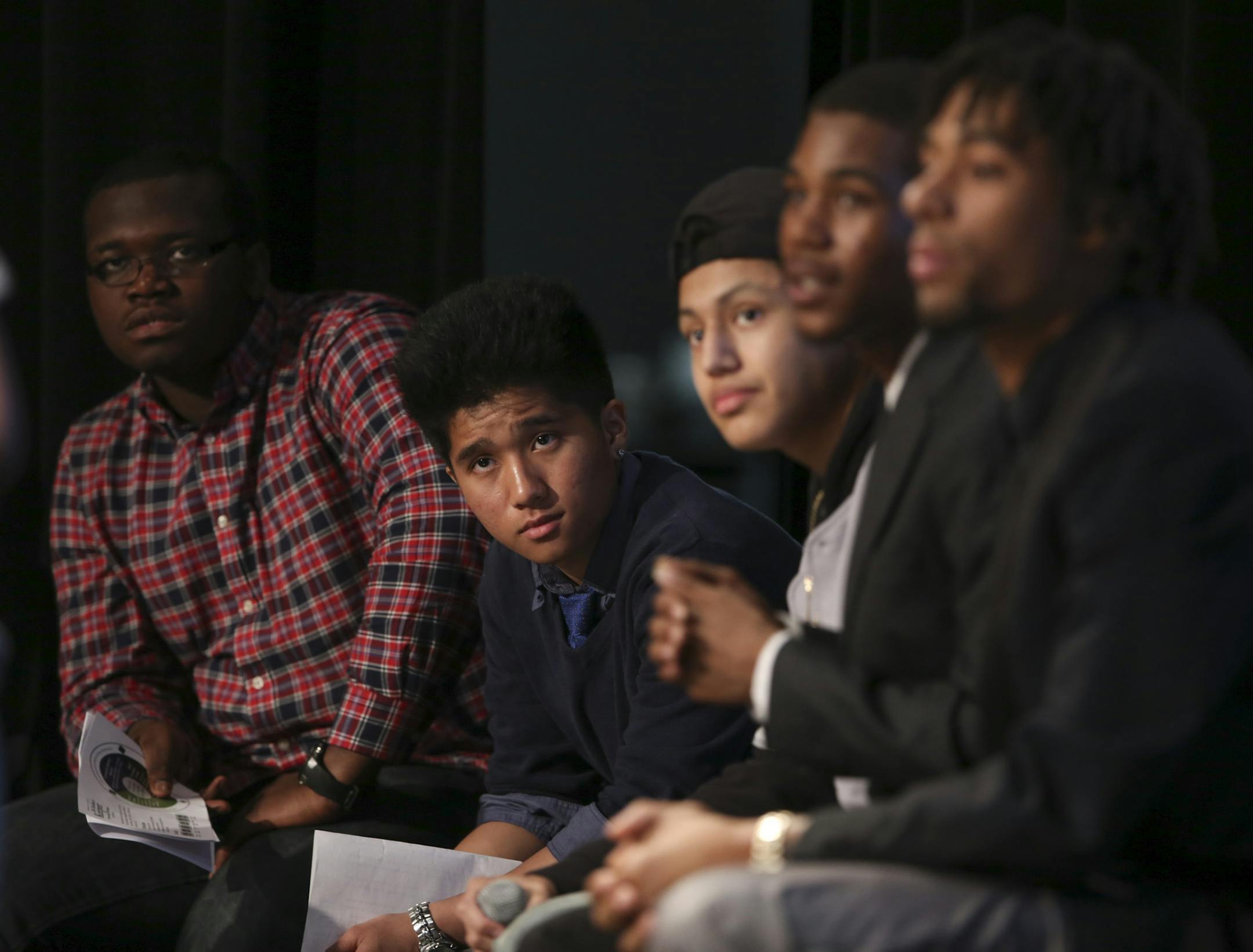 A group of young men who participated in the MBK program Tuesday afternoon took turns answering the question from the audience, What do you need for success? They are, from left, Jonathan Mensah, Chue Yang Chang, Jose Gonzalez, Isaiah Hudson, and Trevonte Marshall. All are high school students in either Minneapolis or St. Paul. ] JEFF WHEELER ï jeff.wheeler@startribune.com The Obama administration initiative, My Brother's Keeper, announced a Community Action Plan at a program at Coffman Uni