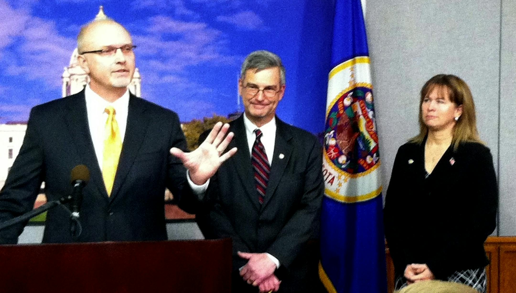 GOP state Sens. Roger Chamberlain (Lino Lakes), David Hann (Eden Prairie) and Pam Wolf (Spring Lake Park) introduced their stadium plan Thursday morning at the Capitol.
