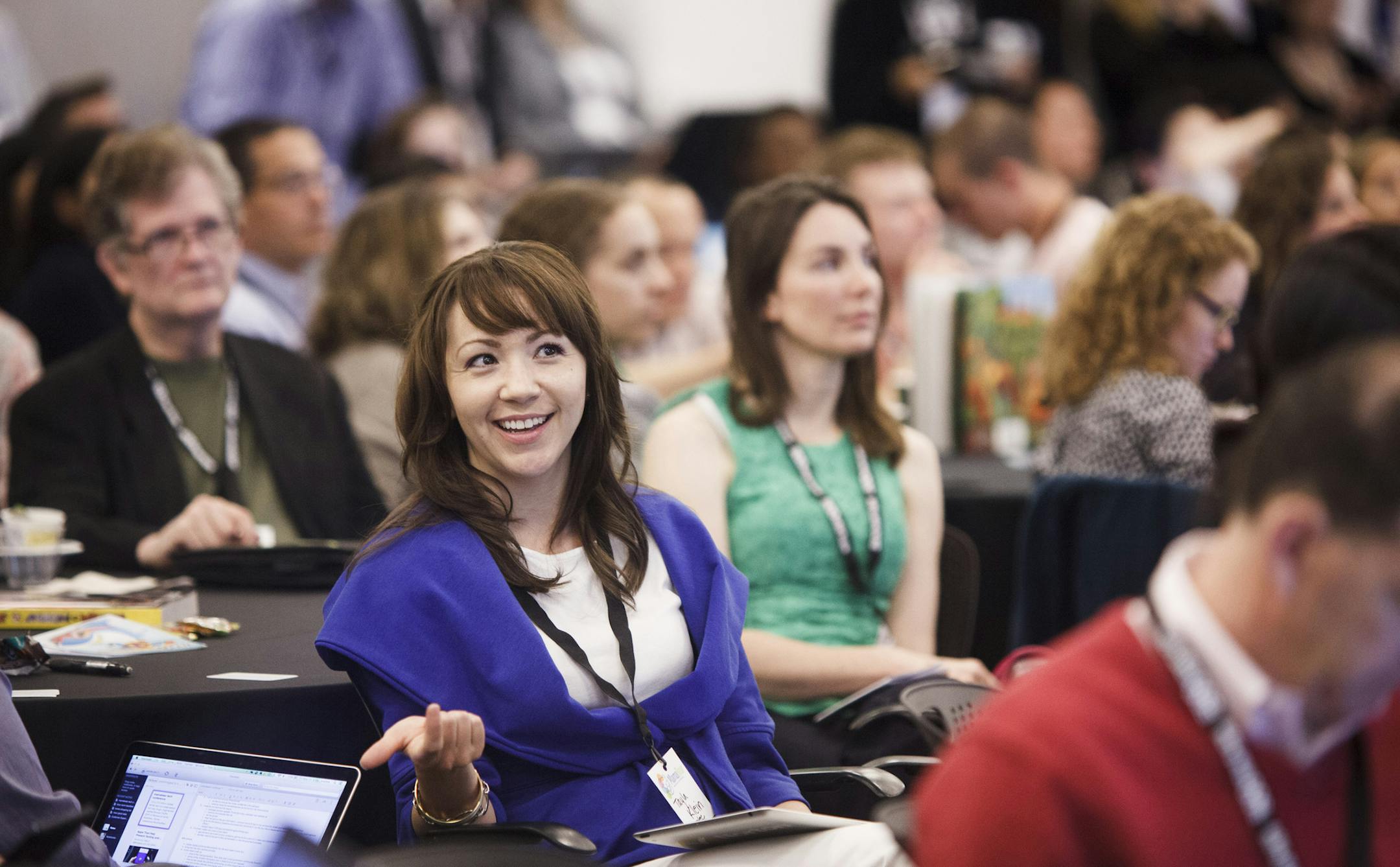 Tayla Klein, a product marketing manager at Symantec, reacted to one of the speakers at the MamaBear Family Tech Conference in Mountain View, Calif., in May.