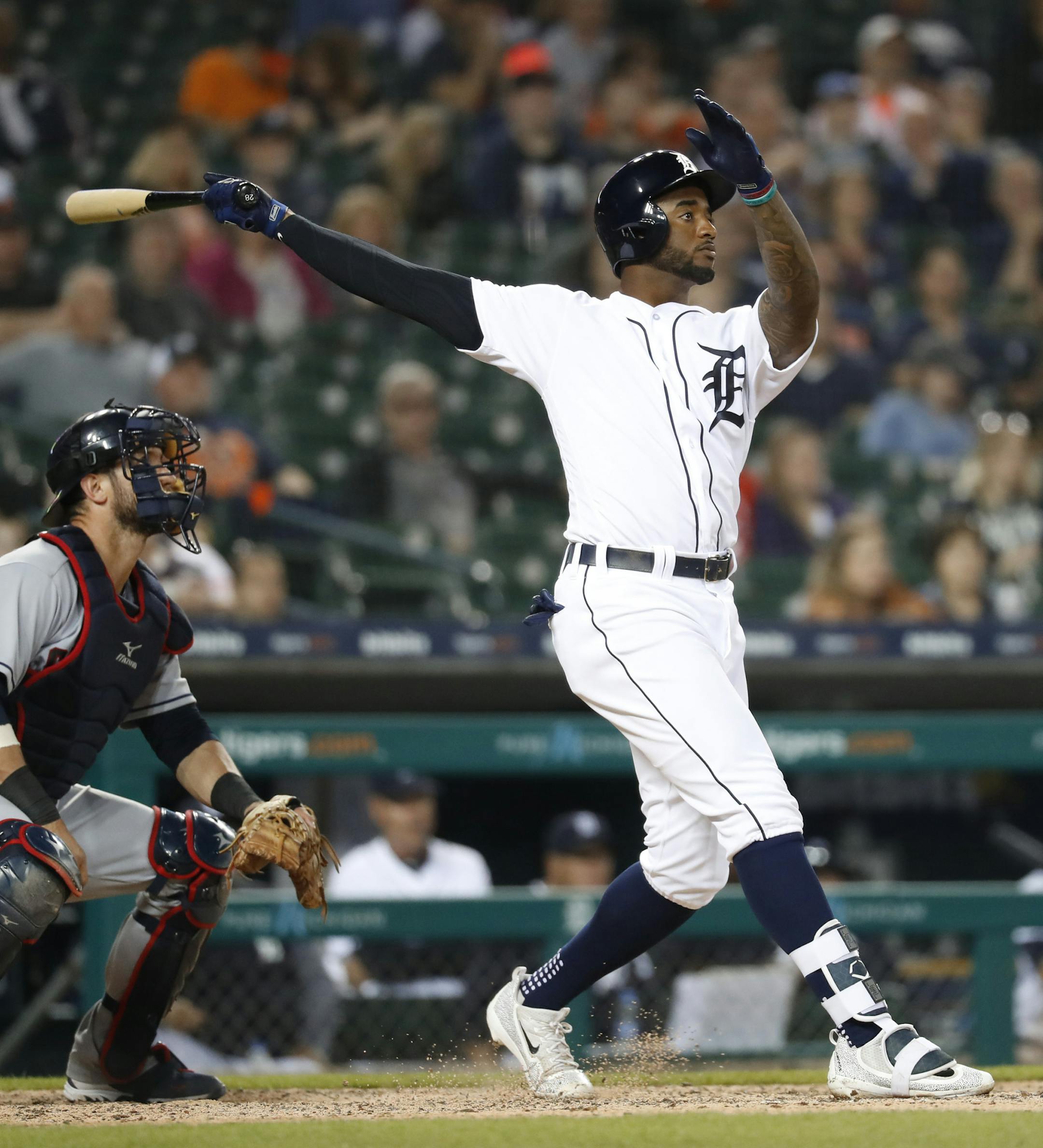 Detroit Tigers' Niko Goodrum hits a three-run home run in the eighth inning of a baseball game against the Cleveland Indians in Detroit, Monday, May 14, 2018. (AP Photo/Paul Sancya)