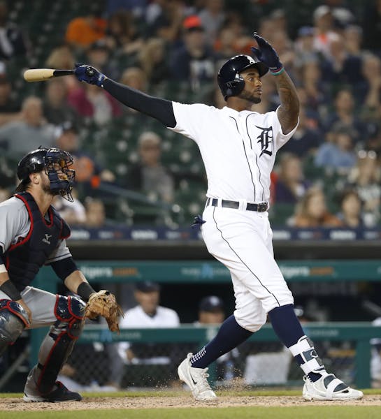 Detroit Tigers' Niko Goodrum hits a three-run home run in the eighth inning of a baseball game against the Cleveland Indians in Detroit, Monday, May 1