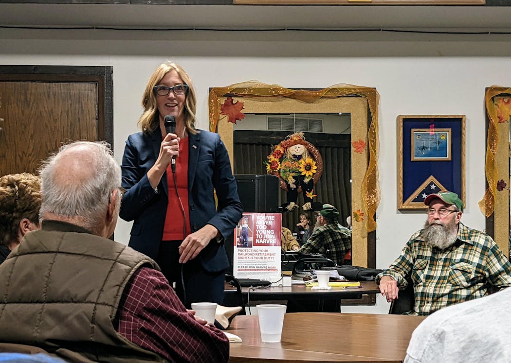 State Rep. Jennifer Schultz speaks to a group of retired railroad workers at the West Duluth American Legion earlier this month.
