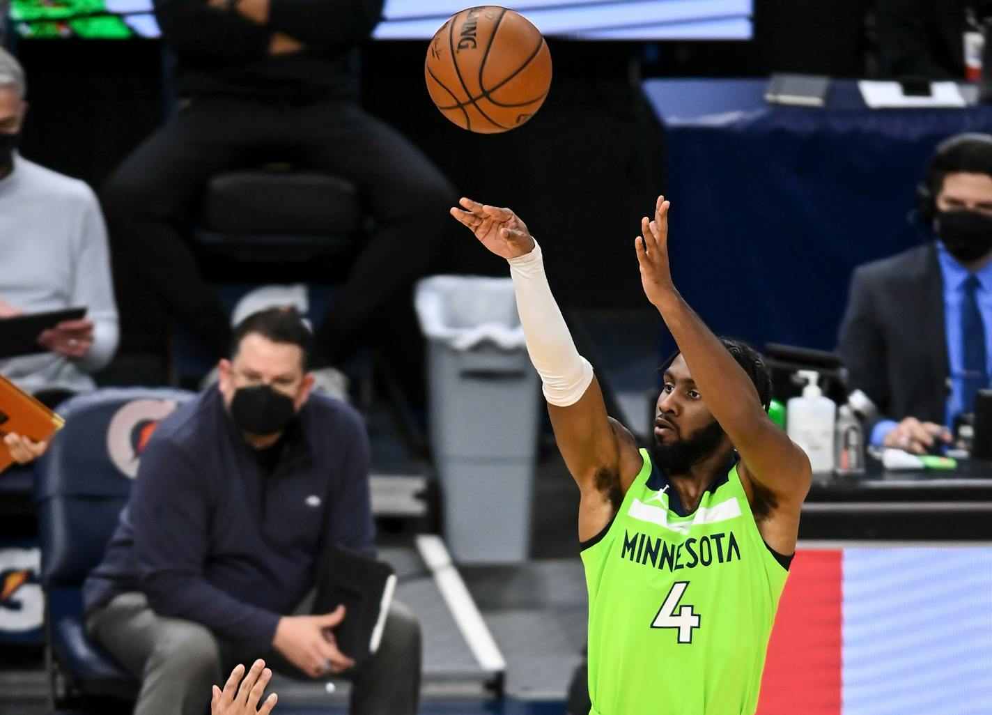 Minnesota Timberwolves guard Jaylen Nowell (4) scored a 3-pointer in the second half against the Portland Trail Blazers. ] AARON LAVINSKY • aaron.lavinsky@startribune.com