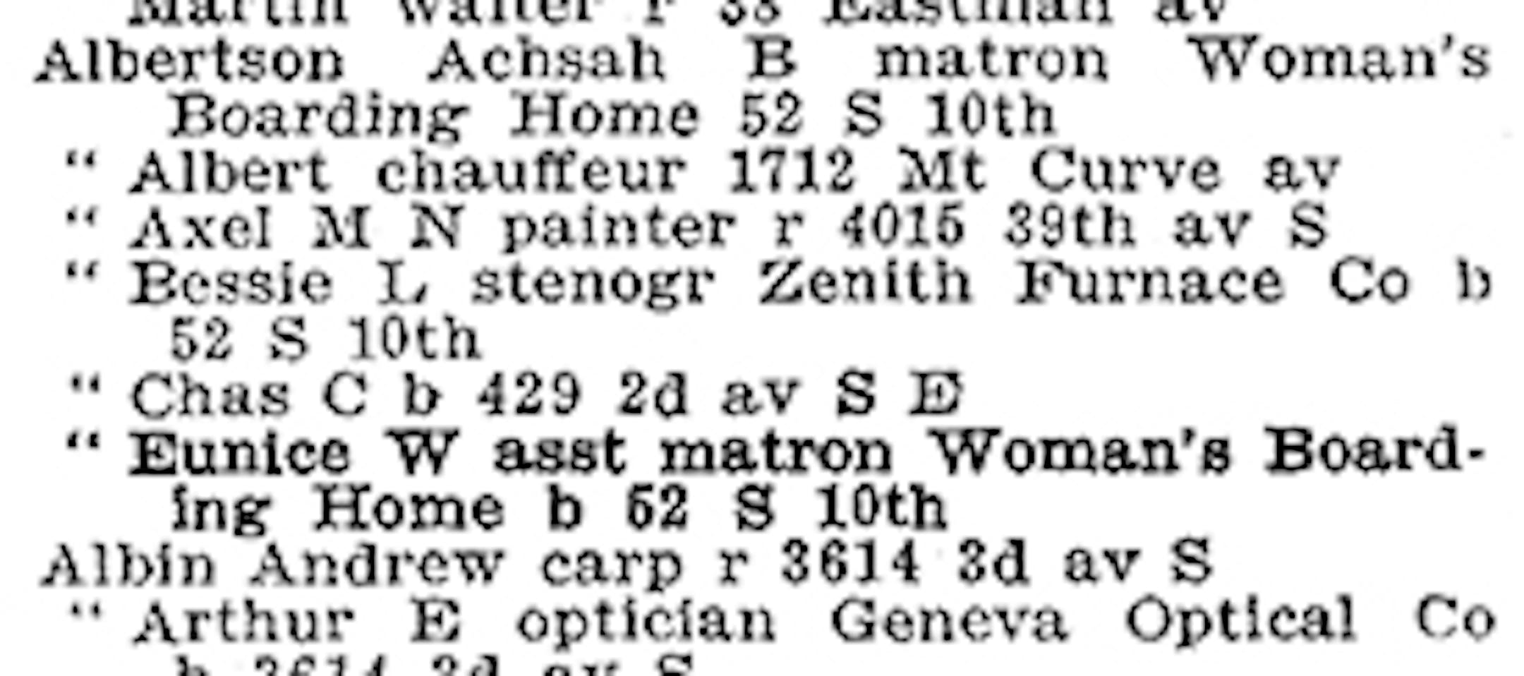 Minneapolis City Directory 1910 - Page 143, shows listing for Eunice Albertson, "bravest woman" in Minneapolis.