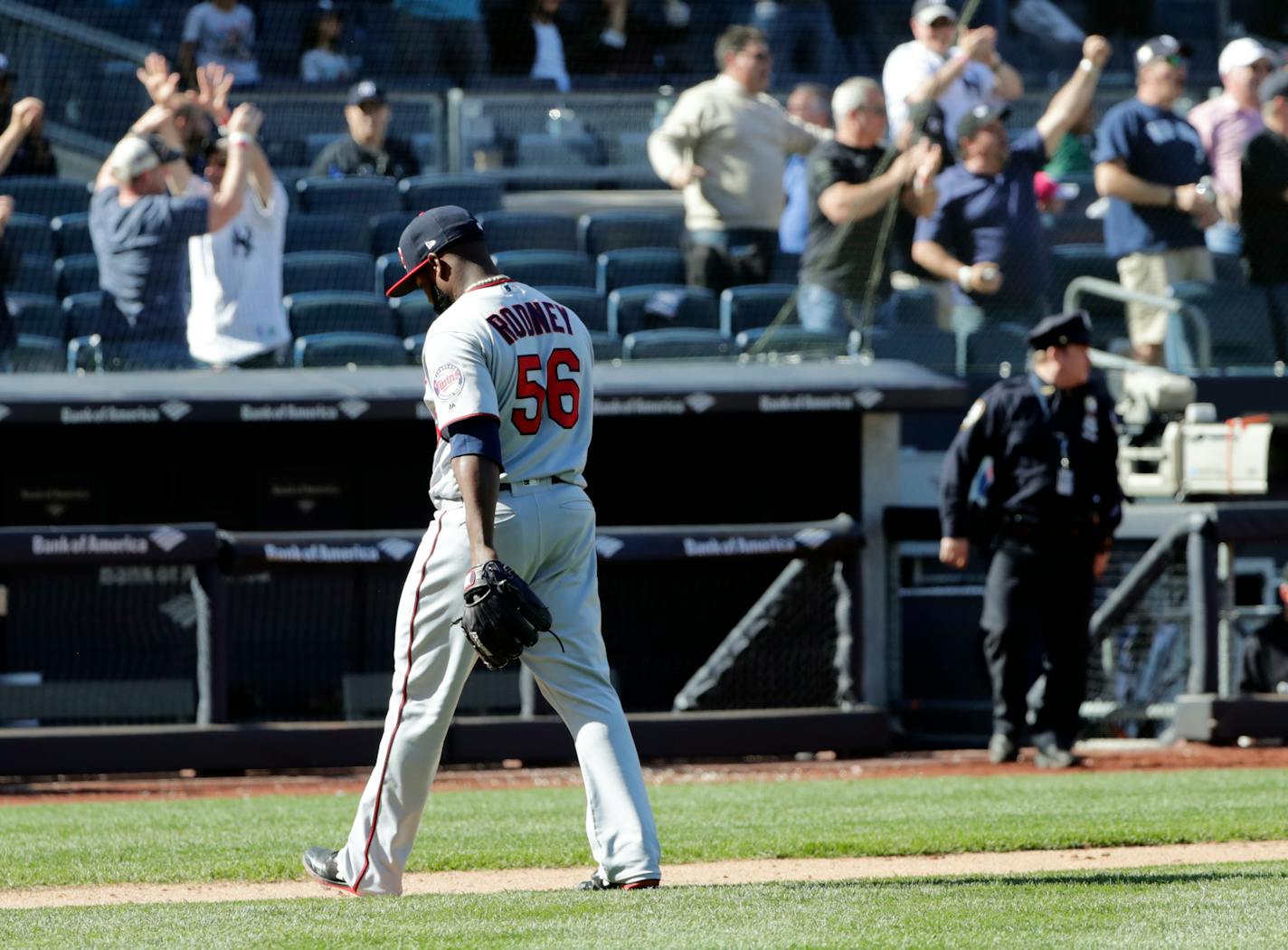 Minnesota Twins relief pitcher Fernando Rodney (56) leaves the field after New York Yankees' Gary Sanchez hit a three-run home run during the ninth inning of a baseball game Thursday, April 26, 2018, in New York. The Yankees won 4-3. (AP Photo/Frank Franklin II)