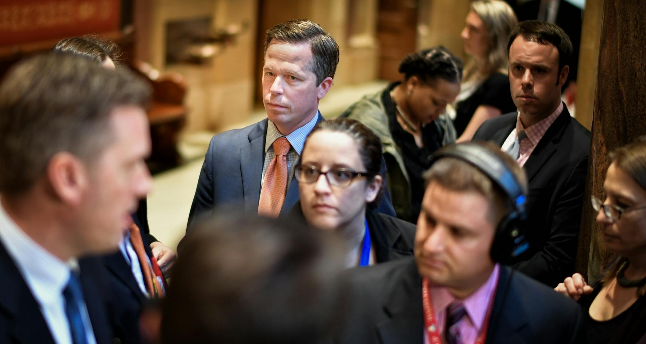 Ben Golnik, Executive Director, Majority Caucus, is usually in the background as his boss Kurt Daudt speaks to reporters.