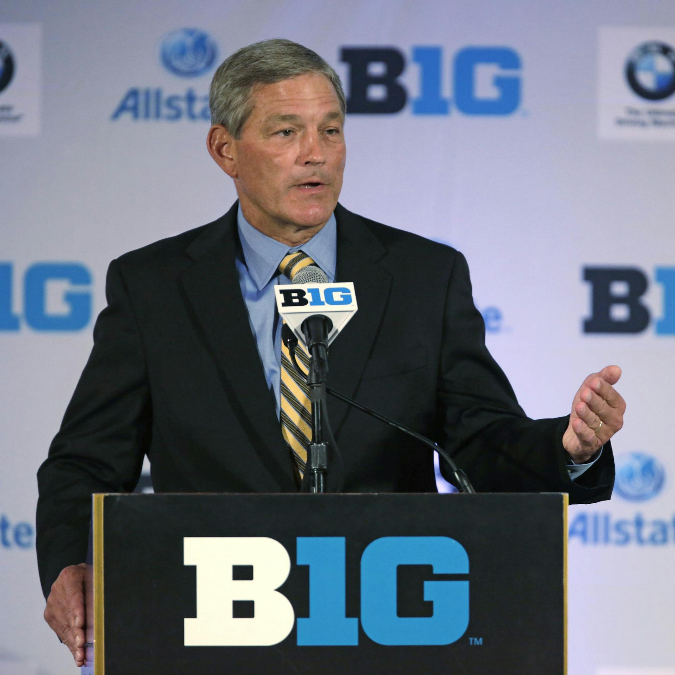 Iowa head football coach Kirk Ferentz speaks at a news conference during the NCAA Big Ten football media day meetings on Wednesday, July 24, 2013, in Chicago. (AP Photo/M. Spencer Green) ORG XMIT: MIN2013072519401013