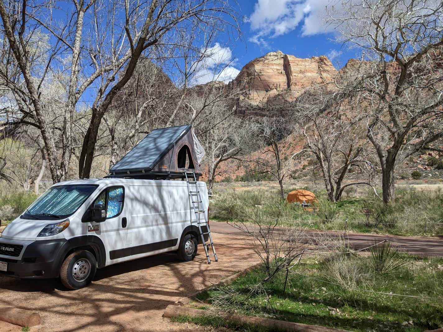 Campervan parked in Watchman Campground at Zion National Park.