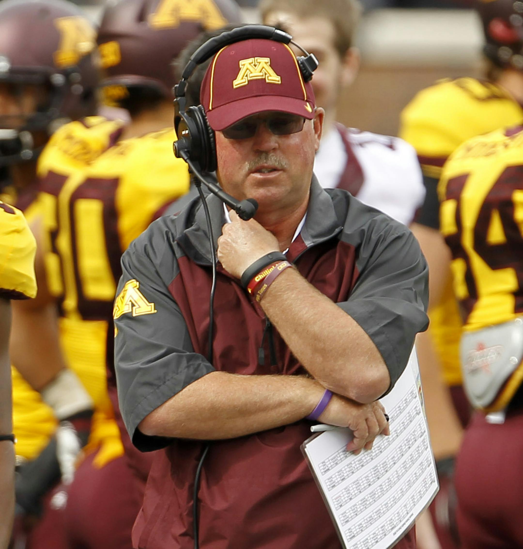 Minnesota head coach Jerry Kill walks the sidelines during the first quarter of an NCAA college football game against Western Illinois in Minneapolis, Saturday, Sept. 14, 2013. (AP Photo/Ann Heisenfelt)