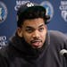 Karl Anthony-Towns of the Minnesota Timberwolves during an end of season press conference Thursday, April 27, 2023, at Mayo Clinic Square in Minneapol