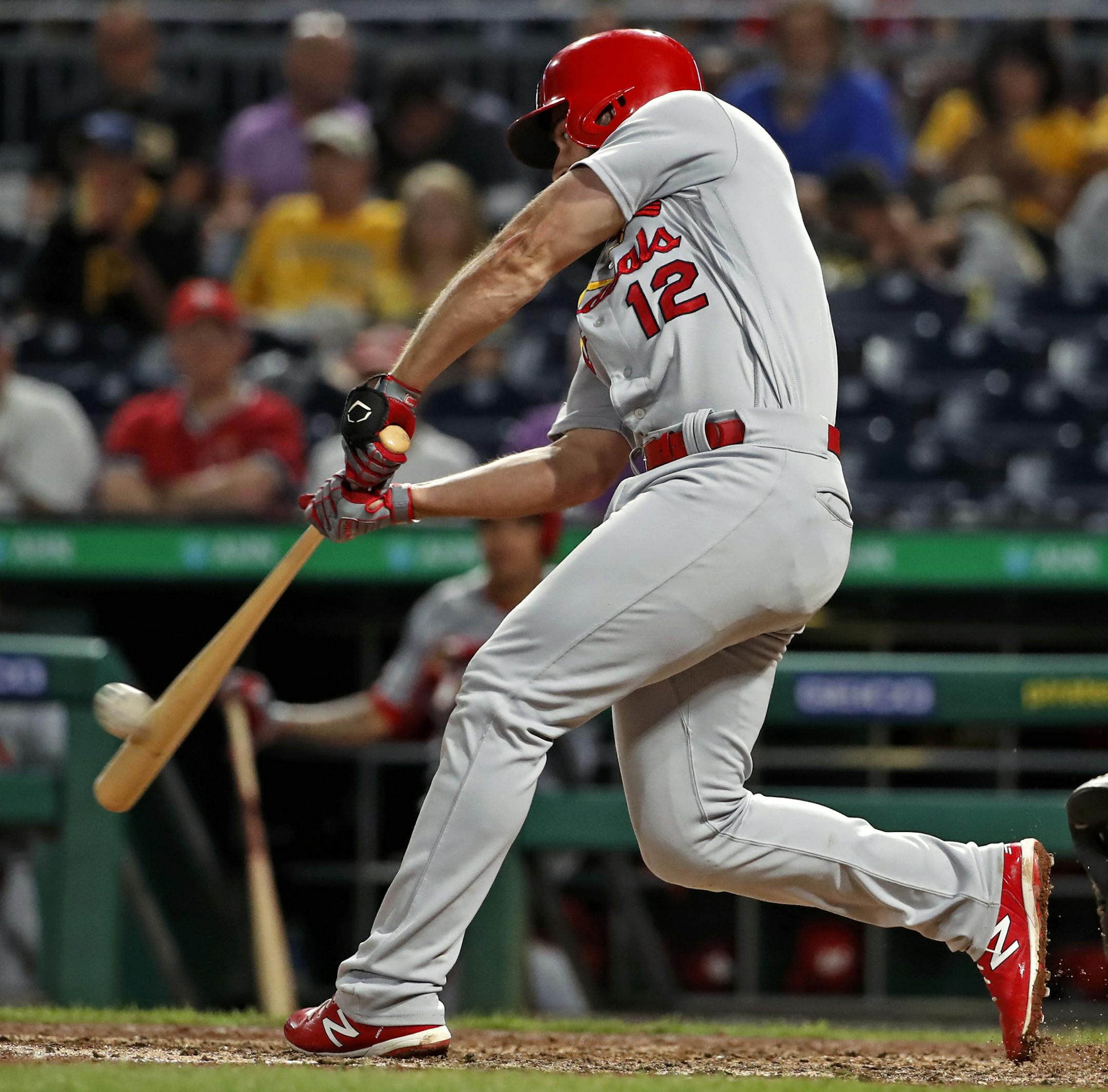 St. Louis Cardinals' Paul DeJong hits a solo home run off Pittsburgh Pirates relief pitcher Jose Osuna during the eighth inning of a baseball game in Pittsburgh, Wednesday, July 24, 2019. It was DeJong's third home run of the game. (AP Photo/Gene J. Puskar)