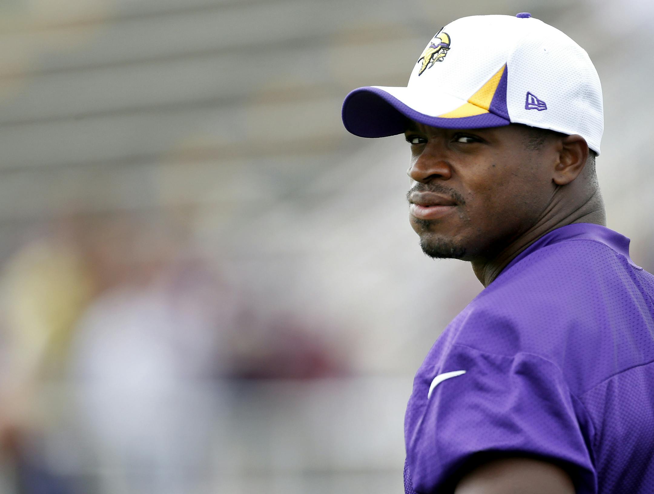 Minnesota Vikings running back Adrian Peterson during morning practice on Friday at training camp in Mankato