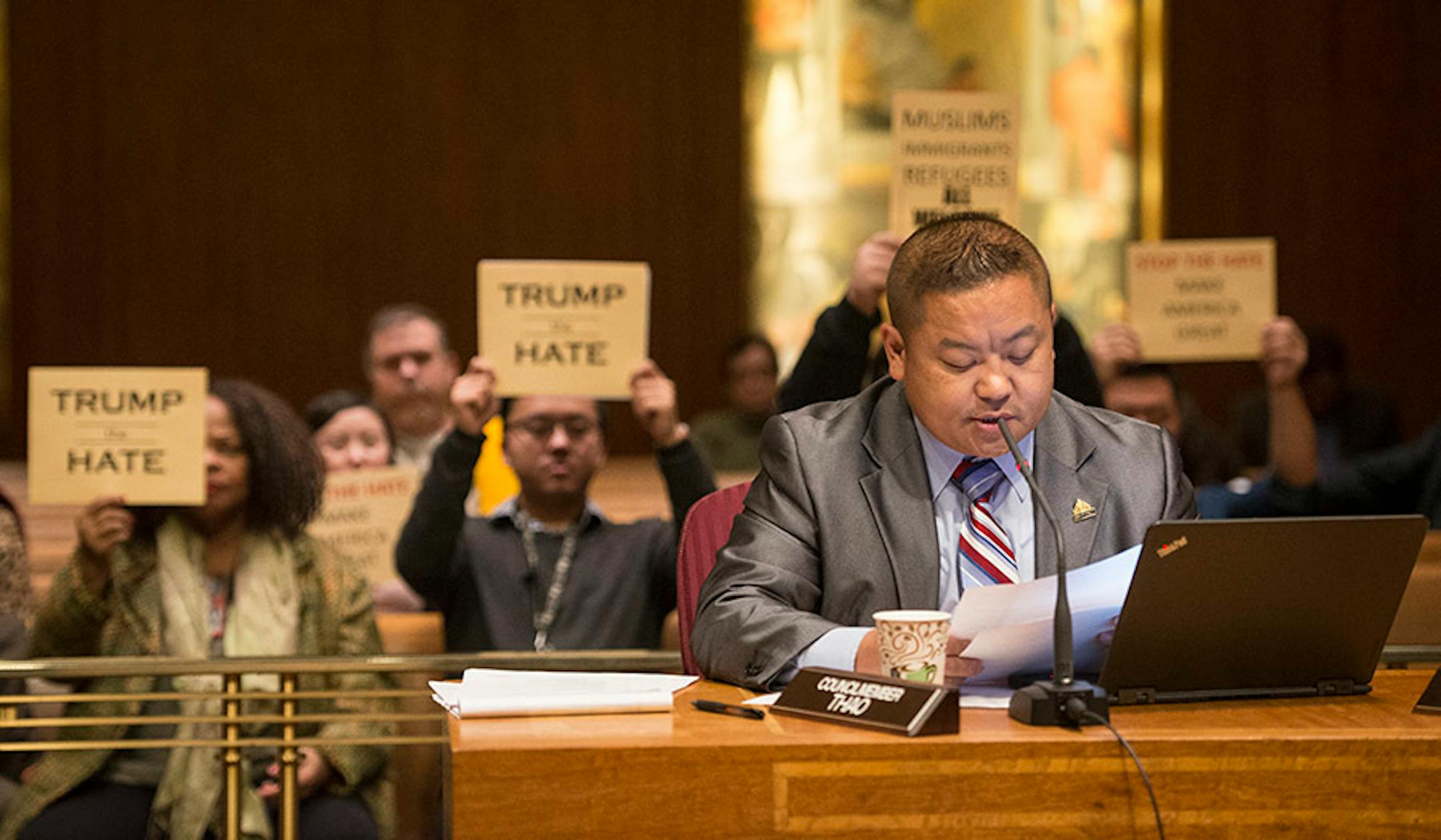 St. Paul City Council member Dai Thao opened the discussion on Resolution 15-2233, which he authored to condemn Republican presidential candidate Donald Trump for anti-Muslim, anti-refugee and anti-immigrant speech.