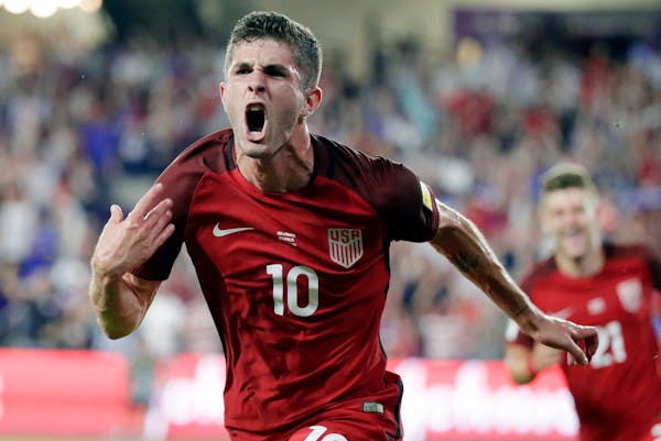 United States’ Christian Pulisic reacted after scoring a goal on a penalty kick during the first half of a FIFA World Cup qualifying soccer match ag