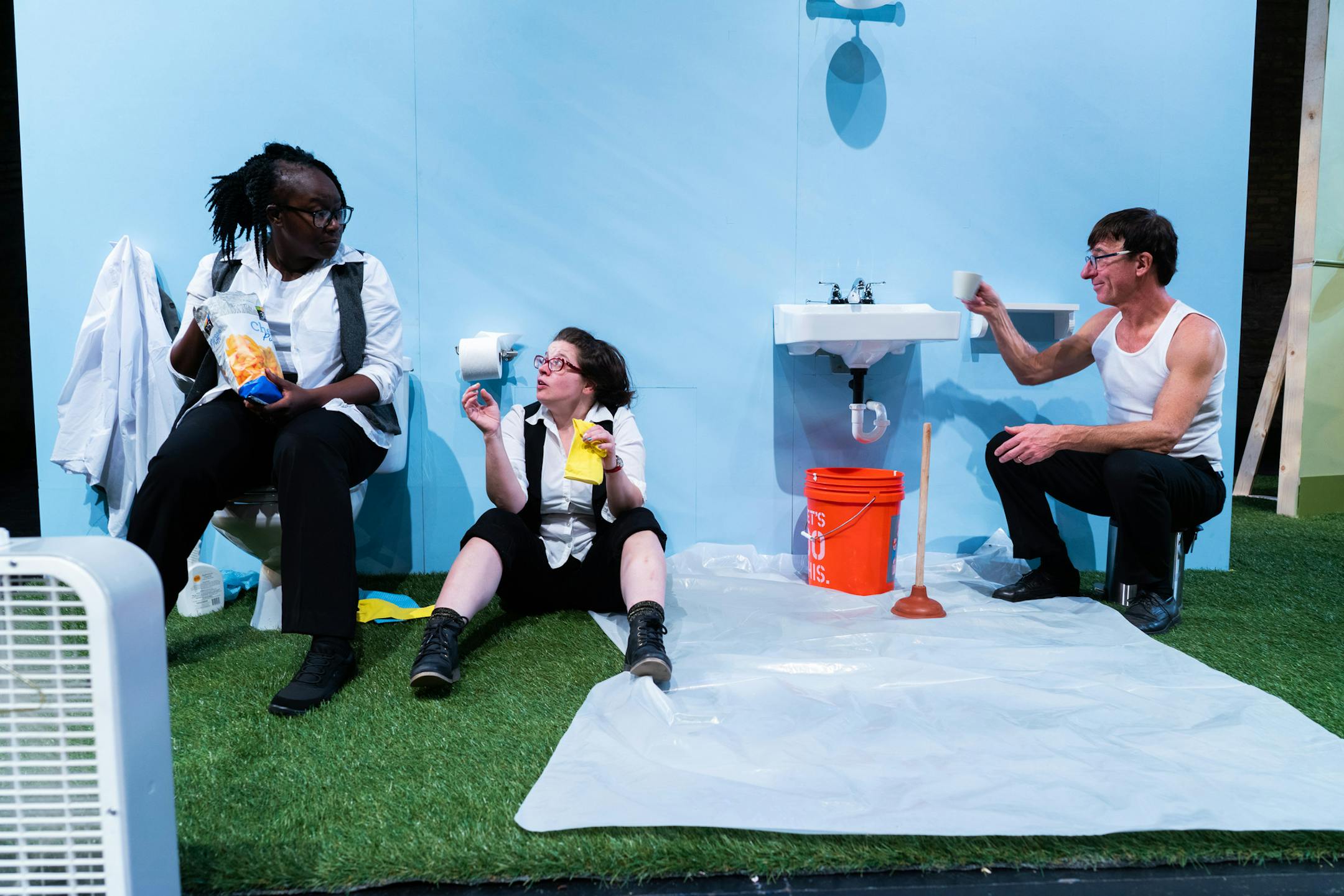 Joy Dolo, Heidi Bakke and Steve Epp rehearse a scene from The 4 Seasons. ] MARK VANCLEAVE • mark.vancleave@startribune.com * The Moving Company rehearses their next show, "The 4 Seasons," at the The Lab Theater on Tuesday, Oct. 23, 2018.