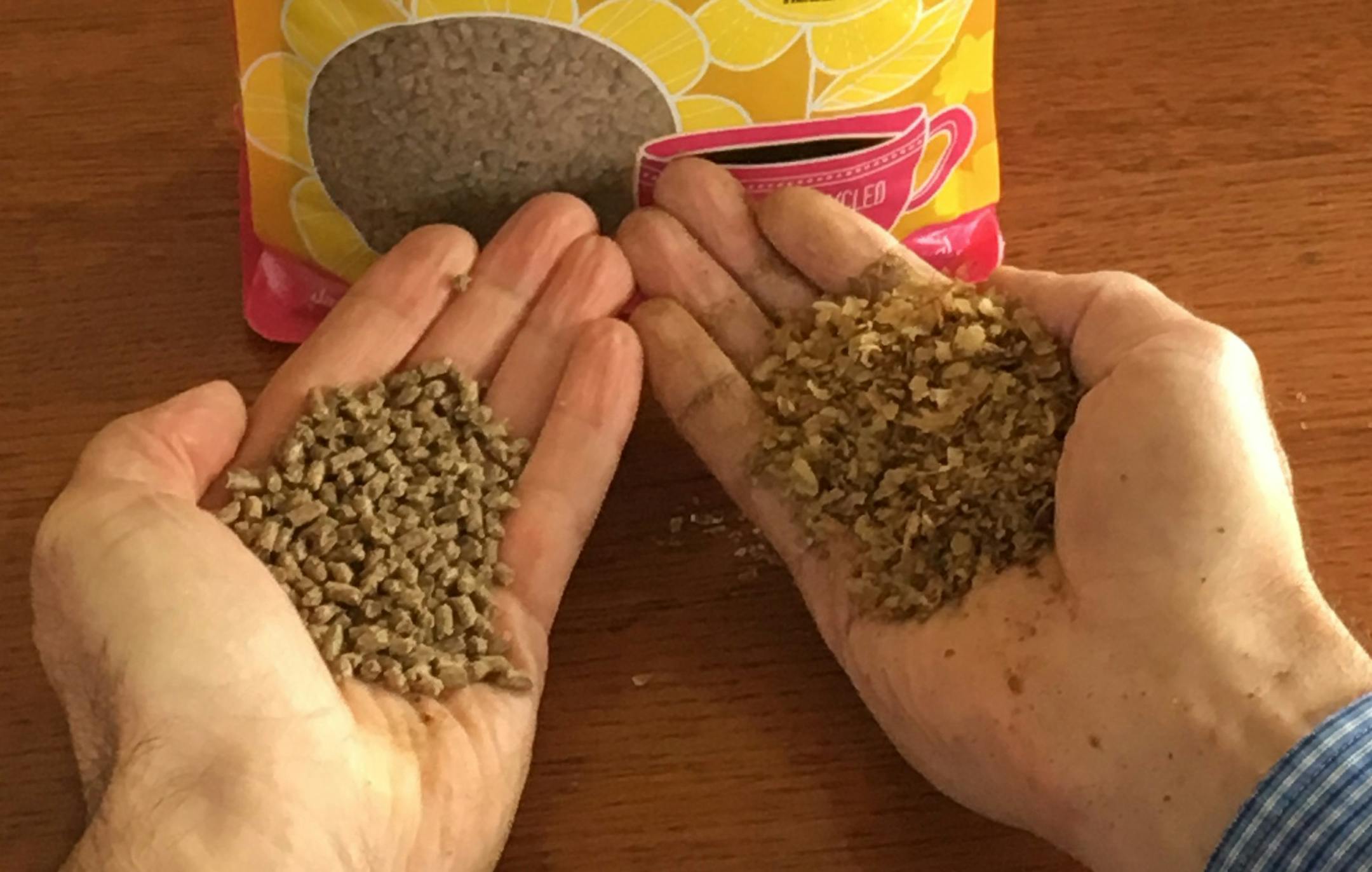 On the right, the chaff from roasted coffee beans that would have gone to the landfill. On the left, JavaCycle fertilizer pellets that make that byproduct sustainable. (Photo provided by JavaCycle)