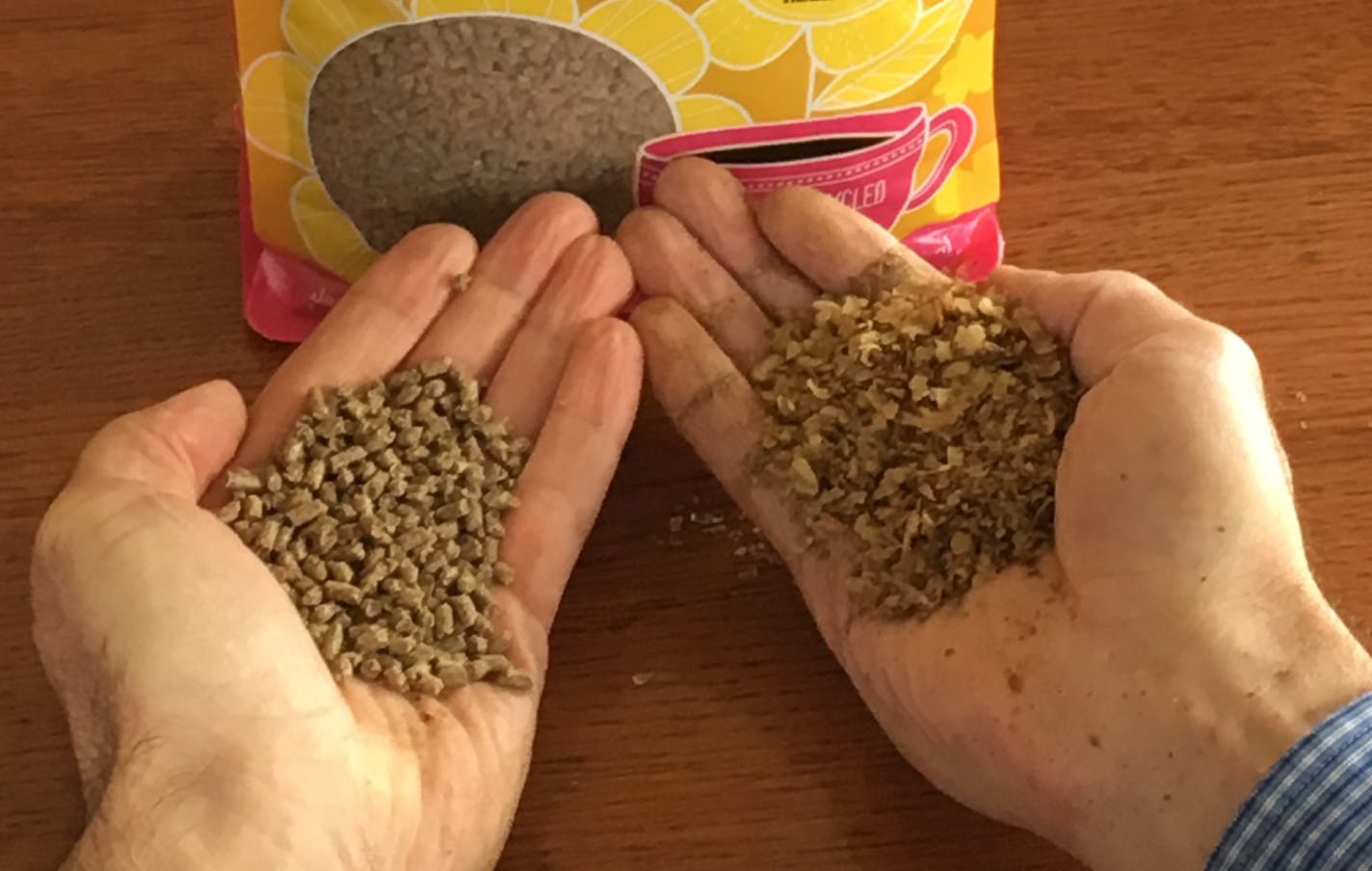 On the right, the chaff from roasted coffee beans that would have gone to the landfill. On the left, JavaCycle fertilizer pellets that make that byproduct sustainable. (Photo provided by JavaCycle)