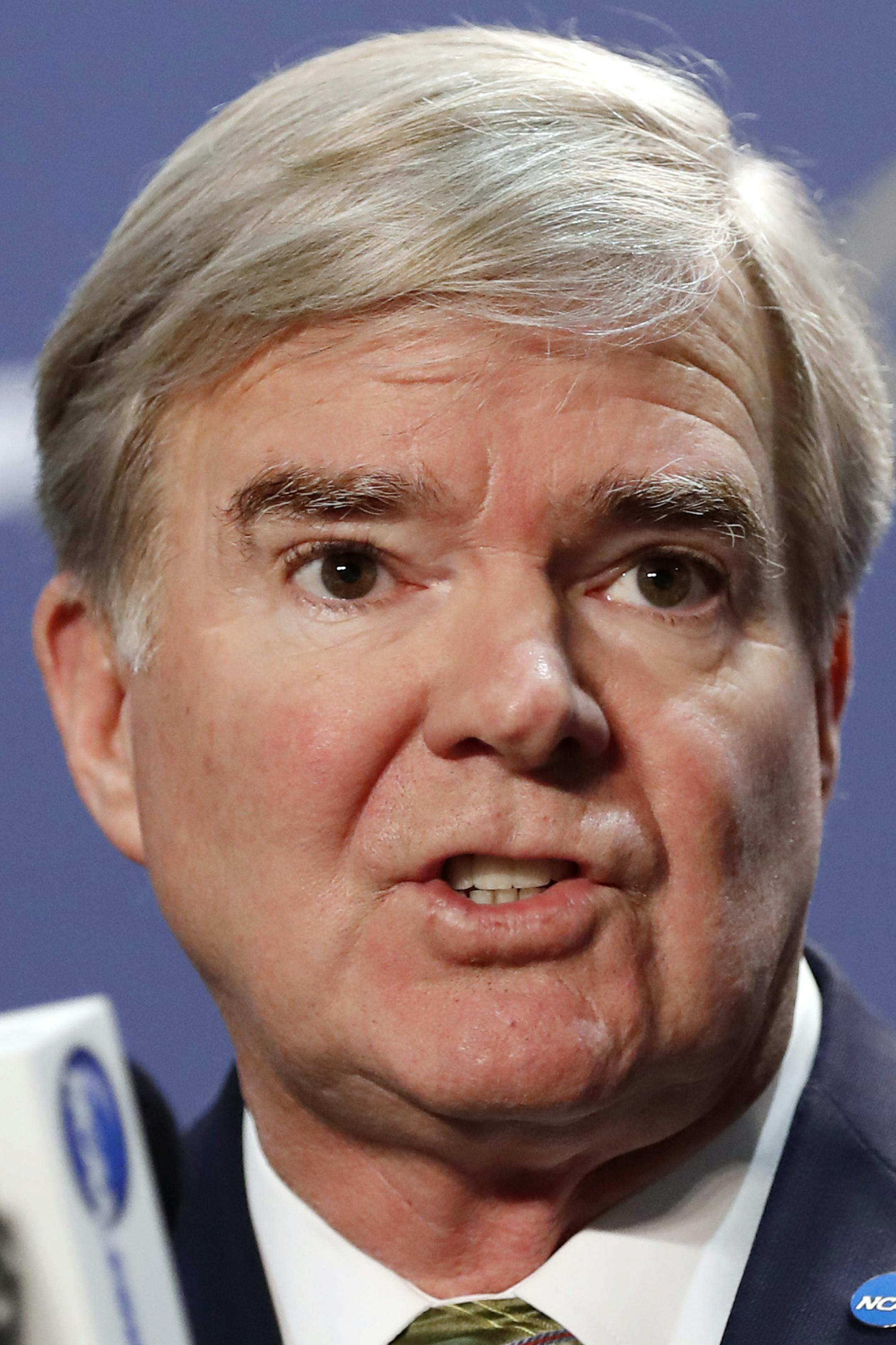 NCAA President Mark Emmert answers questions at a news conference for the NCAA Final Four college basketball tournament Thursday, March 31, 2016, in Houston. (AP Photo/David J. Phillip)