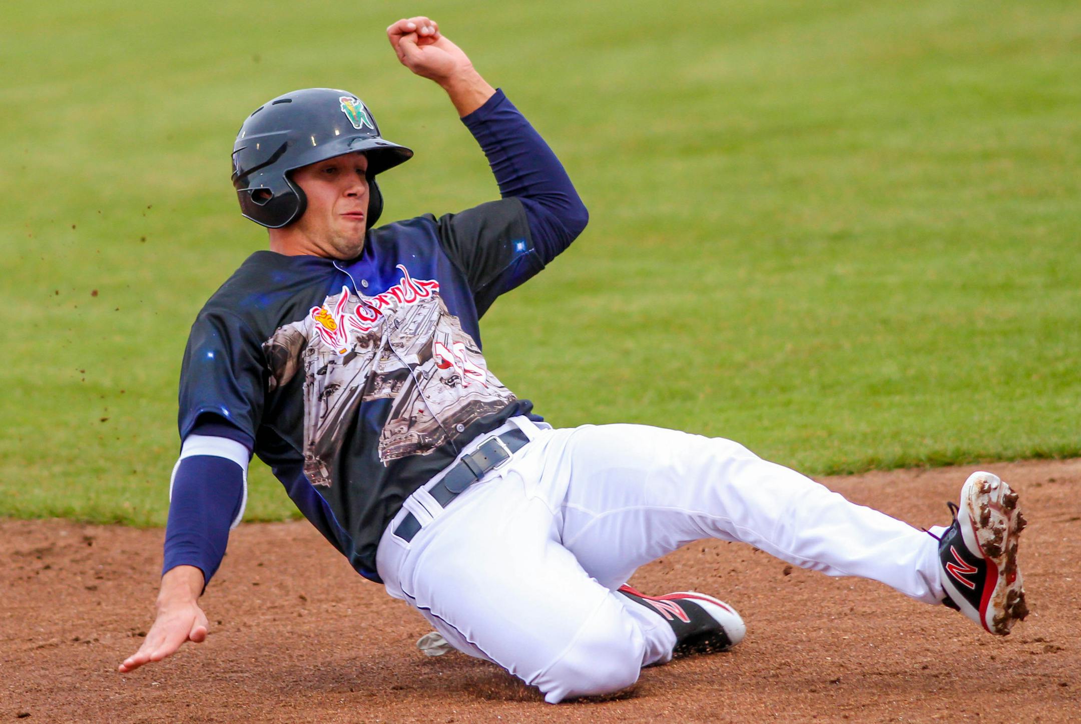 Cedar Rapids Kernels outfielder Alex Kirilloff (19) slides into third base during a Midwest League game against the Kane County Cougars on April 21, 2018 at Perfect Game Field at Veterans Memorial Stadium in Cedar Rapids, Iowa. Kane County defeated Cedar Rapids 9-2. (Brad Krause/Four Seam Images via AP Images) ORG XMIT: NYWWP