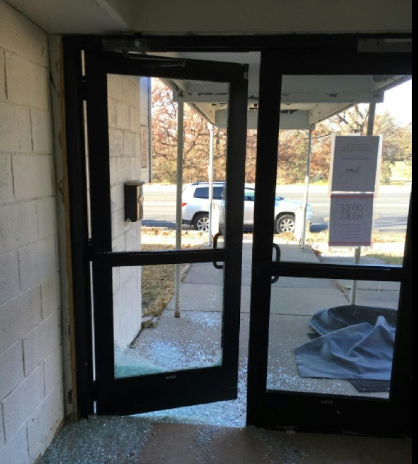 The damage after an individual smashed in the glass door of Salaam Mosque in northeast Minneapolis.