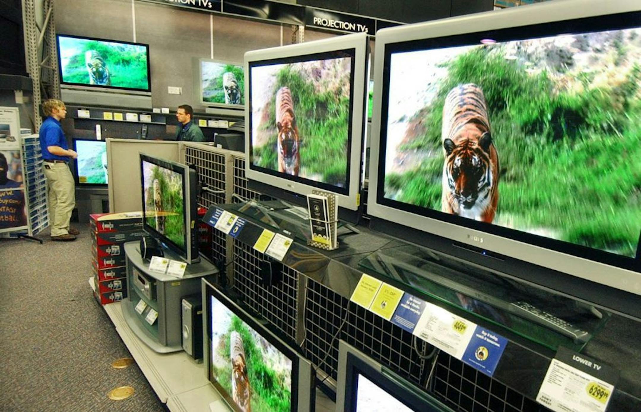 A store employee, background, talks with a customer in the high-end television department at the Best Buy Store Thursday, Nov. 18, 2004 in Maple Grove, Minn. Retailers, including Best Buy, expect sales for plasma and high end televisions to double from last year.