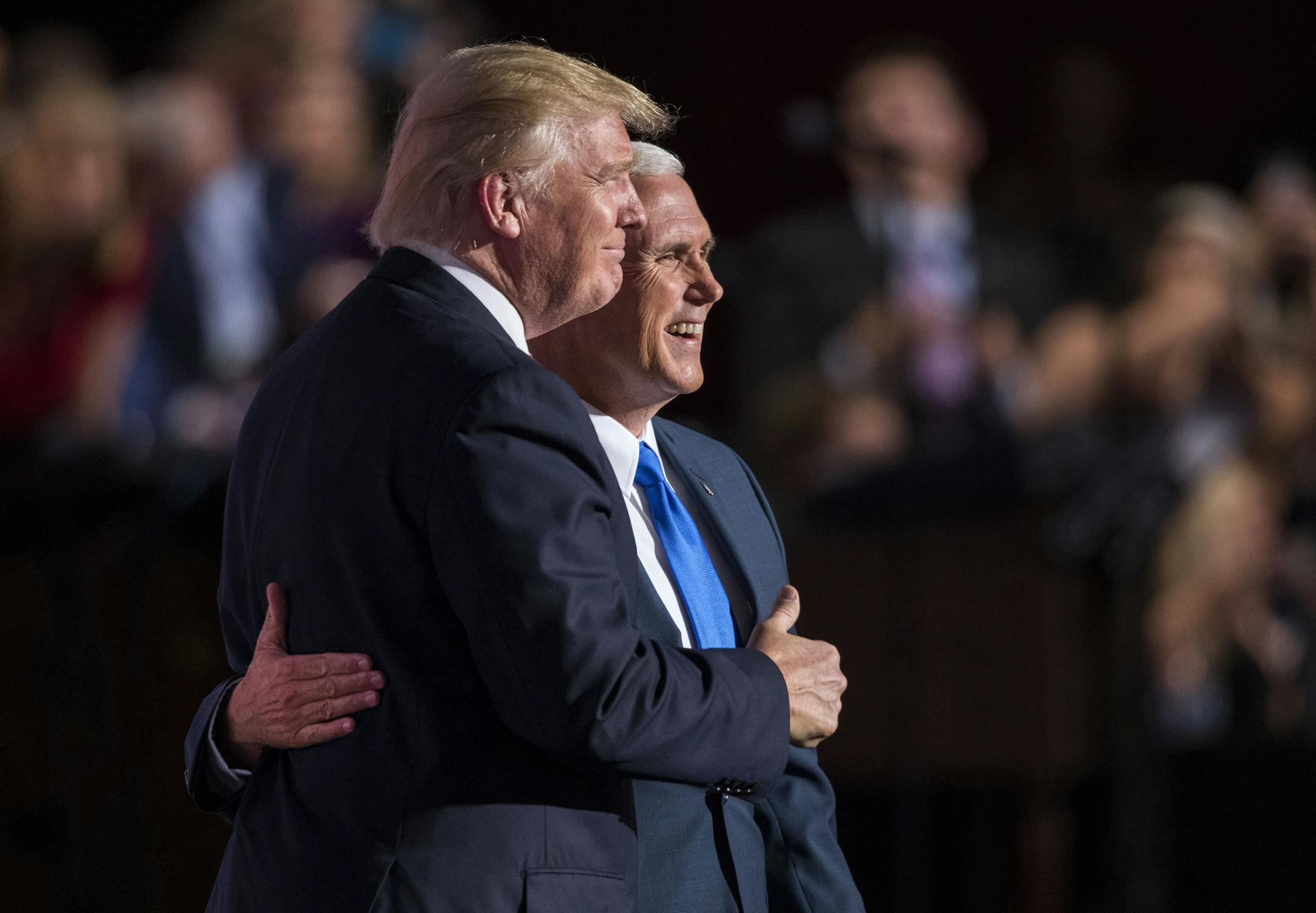 FILE -- Donald Trump joins Mike Pence on stage after the Indiana governor accepted the party's vice-presidential nomination, at the Republican National Convention in Cleveland, July 20, 2016. Traditionally prospective vice presidents were asked whether they would like to be so-and-so's running mate, they would typically follow some variation on the familiar dodge but that custom is fading in this strange lockdown of a veepstakes season. (Doug Mills/The New York Times)