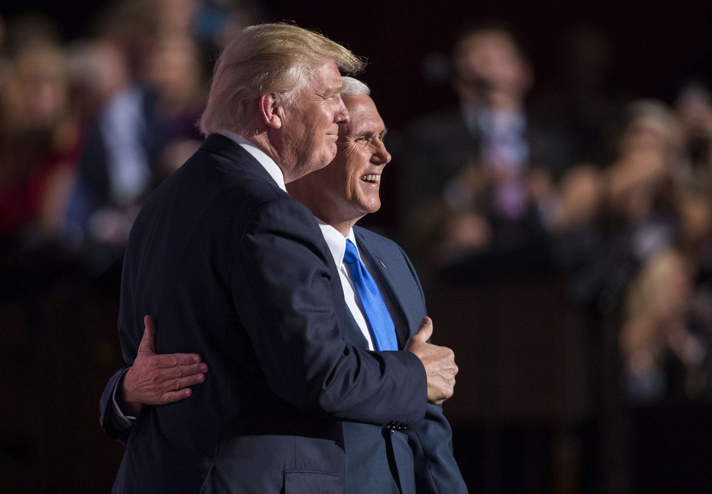 FILE -- Donald Trump joins Mike Pence on stage after the Indiana governor accepted the party's vice-presidential nomination, at the Republican National Convention in Cleveland, July 20, 2016. Traditionally prospective vice presidents were asked whether they would like to be so-and-so's running mate, they would typically follow some variation on the familiar dodge but that custom is fading in this strange lockdown of a veepstakes season. (Doug Mills/The New York Times)