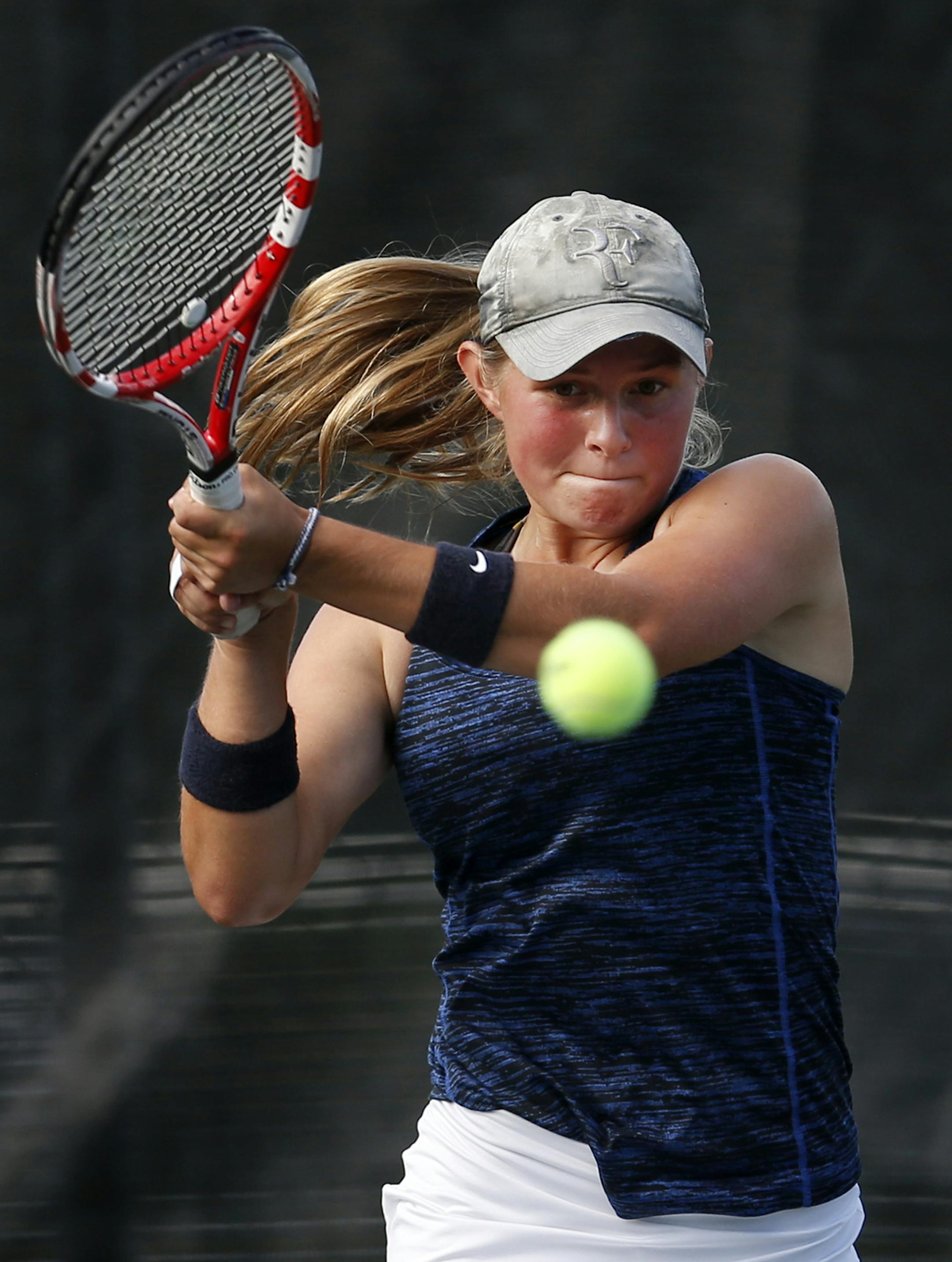 Chanhassen high school tennis player Hayley Haakenstad during a match vs. Eden Prairie. ] CARLOS GONZALEZ cgonzalez@startribune.com - August 26, 2014, Eden Prairie, Minn., Chanhassen tennis player Hayley Haakenstad, one of the best junior players in the state, makes high school team tennis a priority over personal goals.