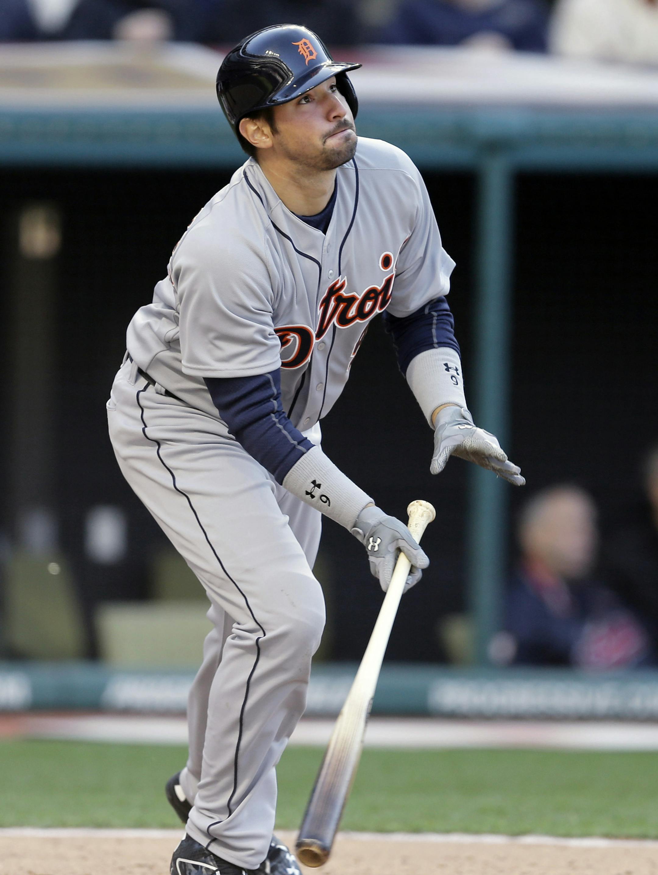 Detroit Tigers' Nick Castellanos watches his two-run home run off Cleveland Indians starting pitcher Zach McAllister in the fifth inning of a baseball game Friday, April 10, 2015, in Cleveland. (AP Photo/Mark Duncan)