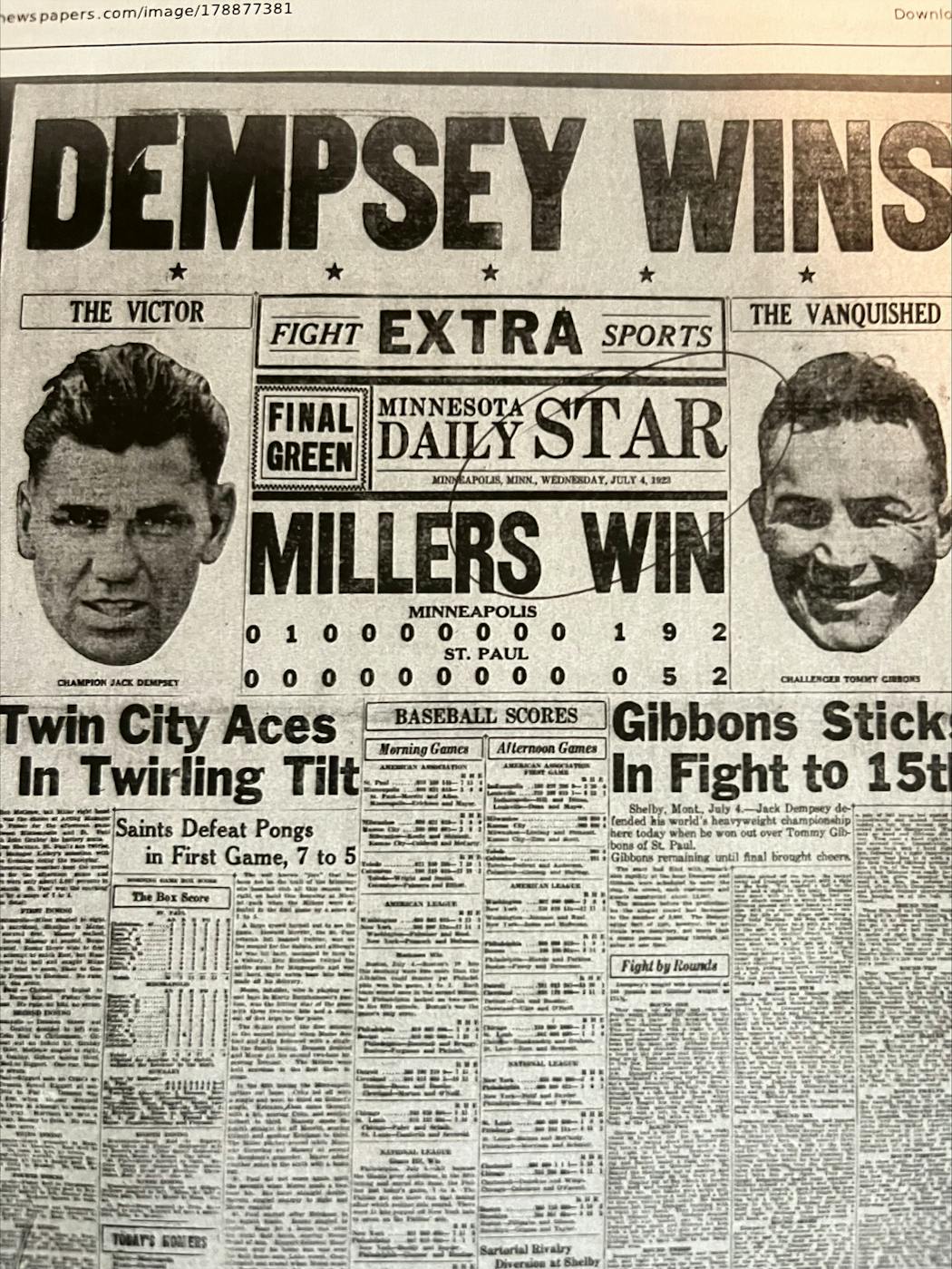 The Minneapolis Daily Star was one of several Twin Cities papers provided elaborate coverage of the 1923 heavyweight title fight between champion Jack Dempsey and challenger Tommy Gibbons from St. Paul in Shelby, Mont.