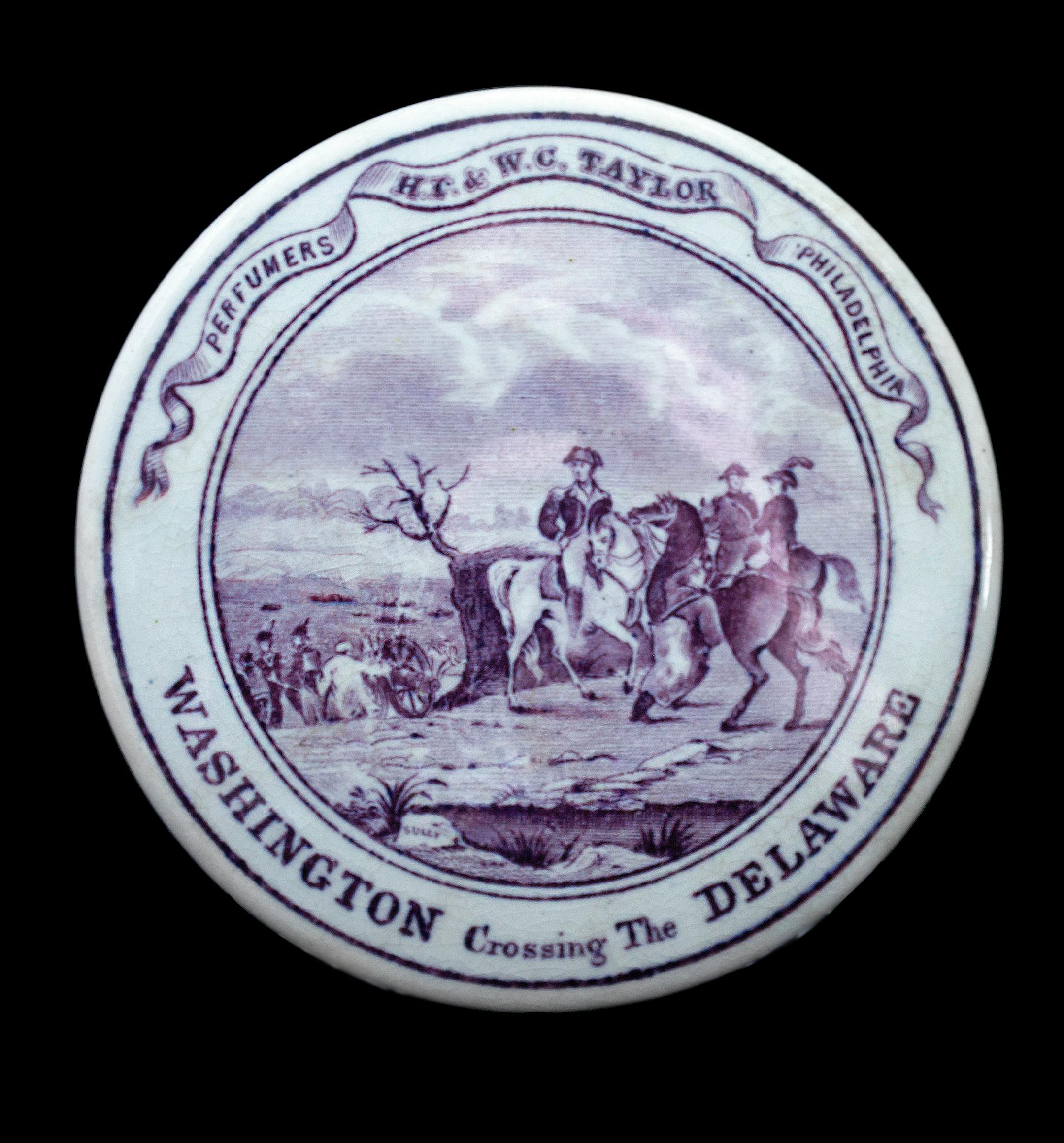 This pot lid was made in Pennsylvania about 1845 to 1860. It has a rare purple transfer picturing "Washington Crossing the Delaware" but not a product, though the lid mentions a perfumer. It sold at a Glass Works absentee auction for more than $3,000. by Cowles Syndicate
