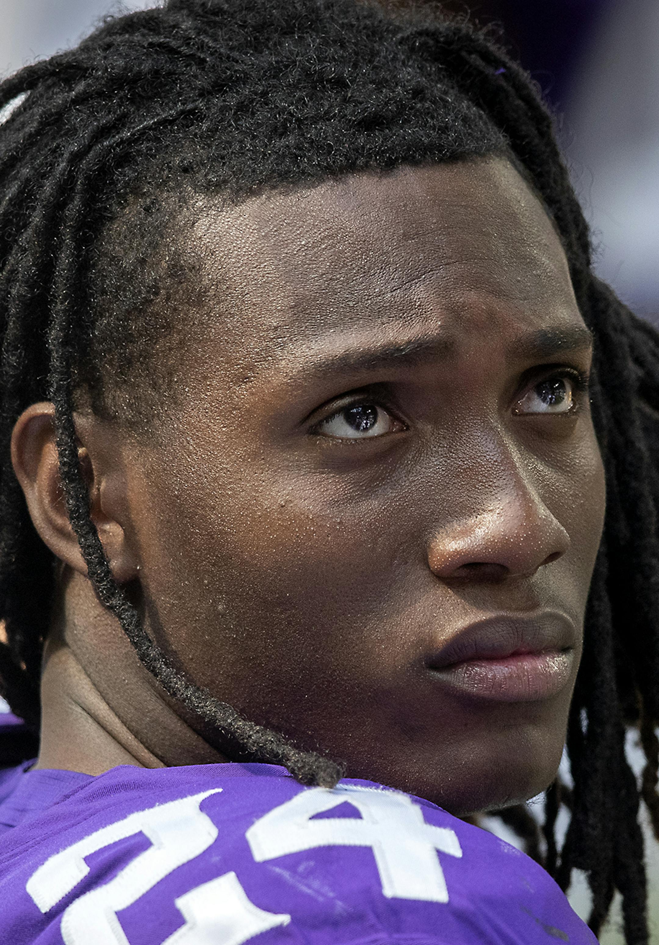Minnesota Vikings defensive back Holton Hill watched from the bench in the fourth quarter as the Minnesota Vikings took on the Arizona Cardinals at US Bank Stadium, Saturday, August 24, 2019 in Minneapolis, MN. ] ELIZABETH FLORES • liz.flores@startribune.com