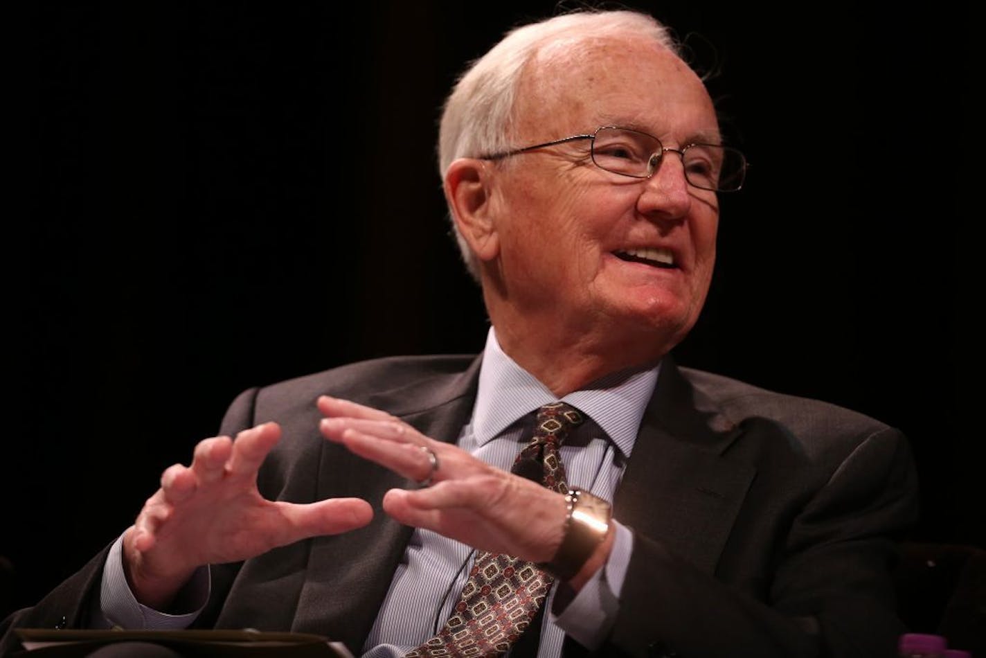 Past University of Minnesota president Nils Hasselmo participates in a panel discussion with six presidents of the University of Minnesota at Northrop Auditorium in Minneapolis on Monday, May 4, 2015.