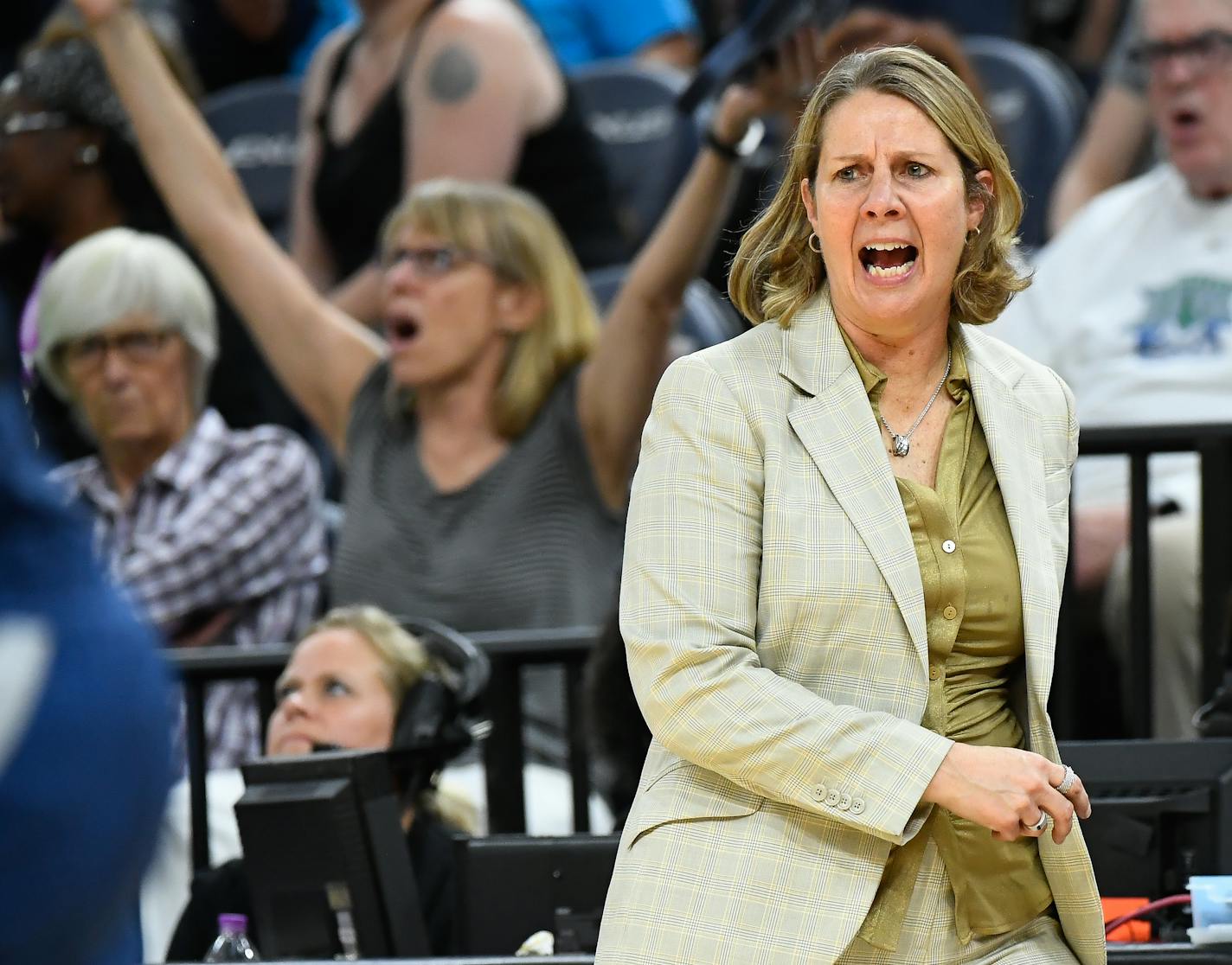 Minnesota Lynx head coach Cheryl Reeve argued against an offensive foul call ruled against guard Tanisha Wright (30) in the second half against the Las Vegas Aces. ] AARON LAVINSKY • aaron.lavinsky@startribune.com The Minnesota Lynx played the Las Vegas Aces on Friday, July 13, 2018 at Target Center in Minneapolis, Minn.