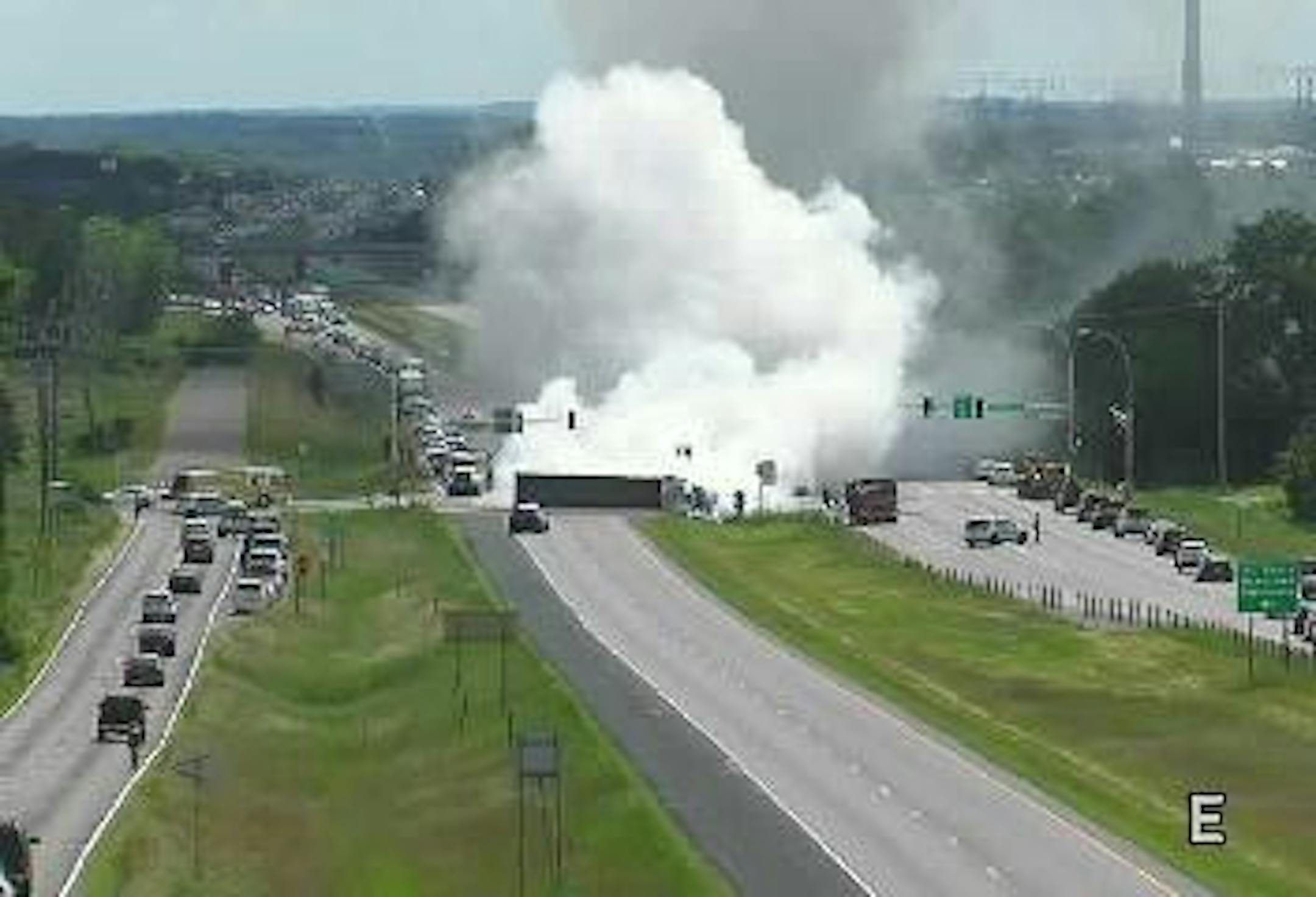 A semitrailer truck carrying 25 tons of gravel rolled over on westbound Hwy. 36 at Manning Avenue in Lake Elmo.