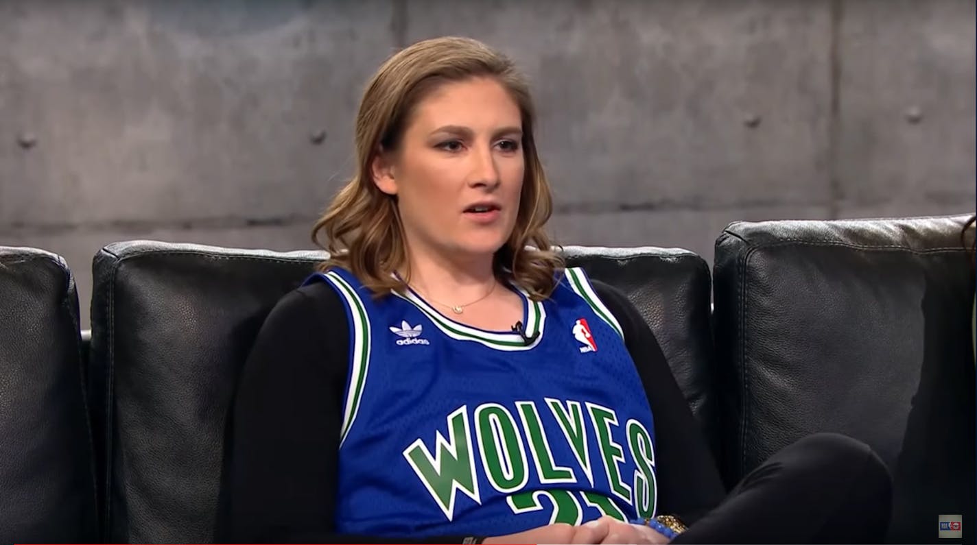 Lynx guard Lindsay Whalen went on Kevin Garnett's "Area 21" television show wearing a retro Garnett Timberwolves jersey Nov. 2, 2017. Screen grab from YouTube.