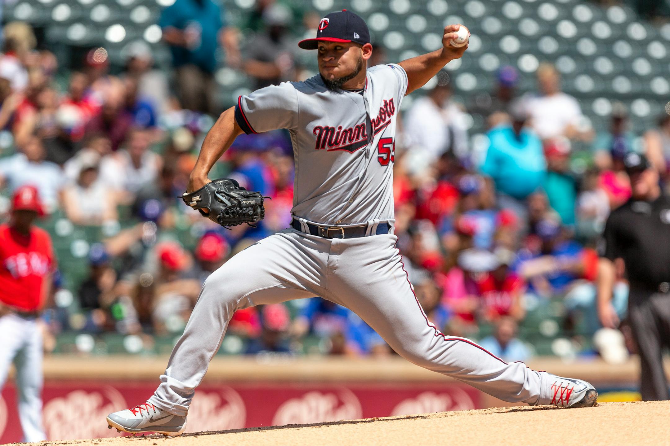 Minnesota Twins pitcher Gabriel Moya delivers during the first inning of a baseball game, Sunday against the Texas Rangers, Sept. 2, 2018, in Arlington, Texas. (AP Photo/Sam Hodde)